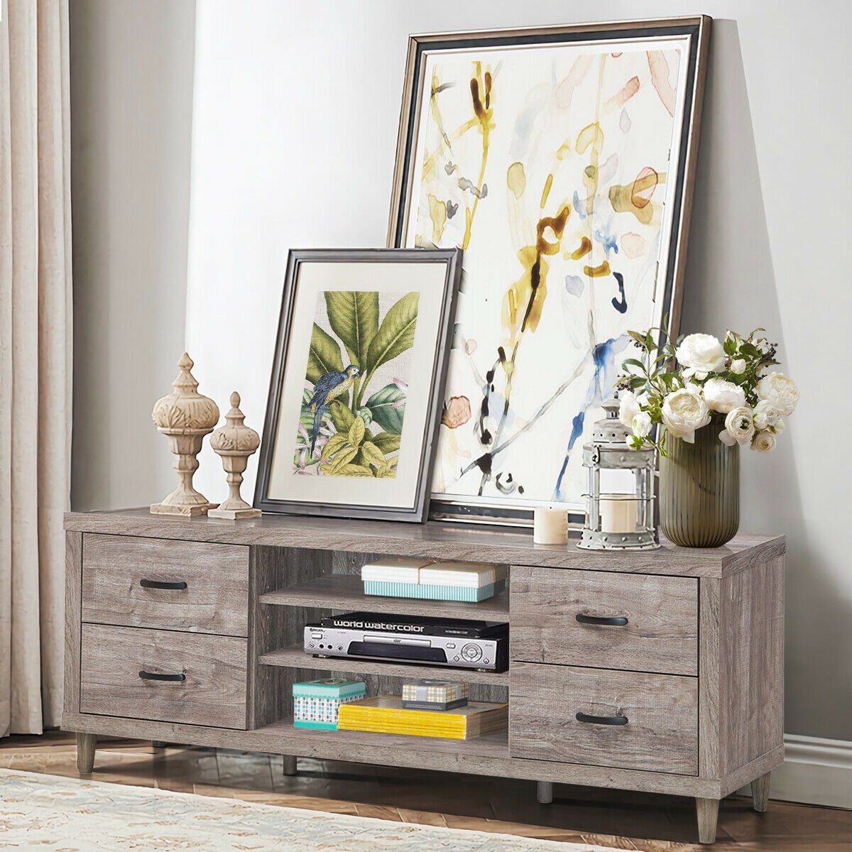 Retro Wooden TV Stand with 3 Open Shelves and 4 Drawers, Gray Entertainment Centers & TV Stands   at Gallery Canada