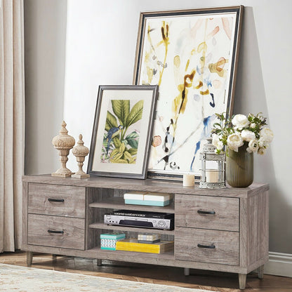 Retro Wooden TV Stand with 3 Open Shelves and 4 Drawers, Gray - Gallery Canada