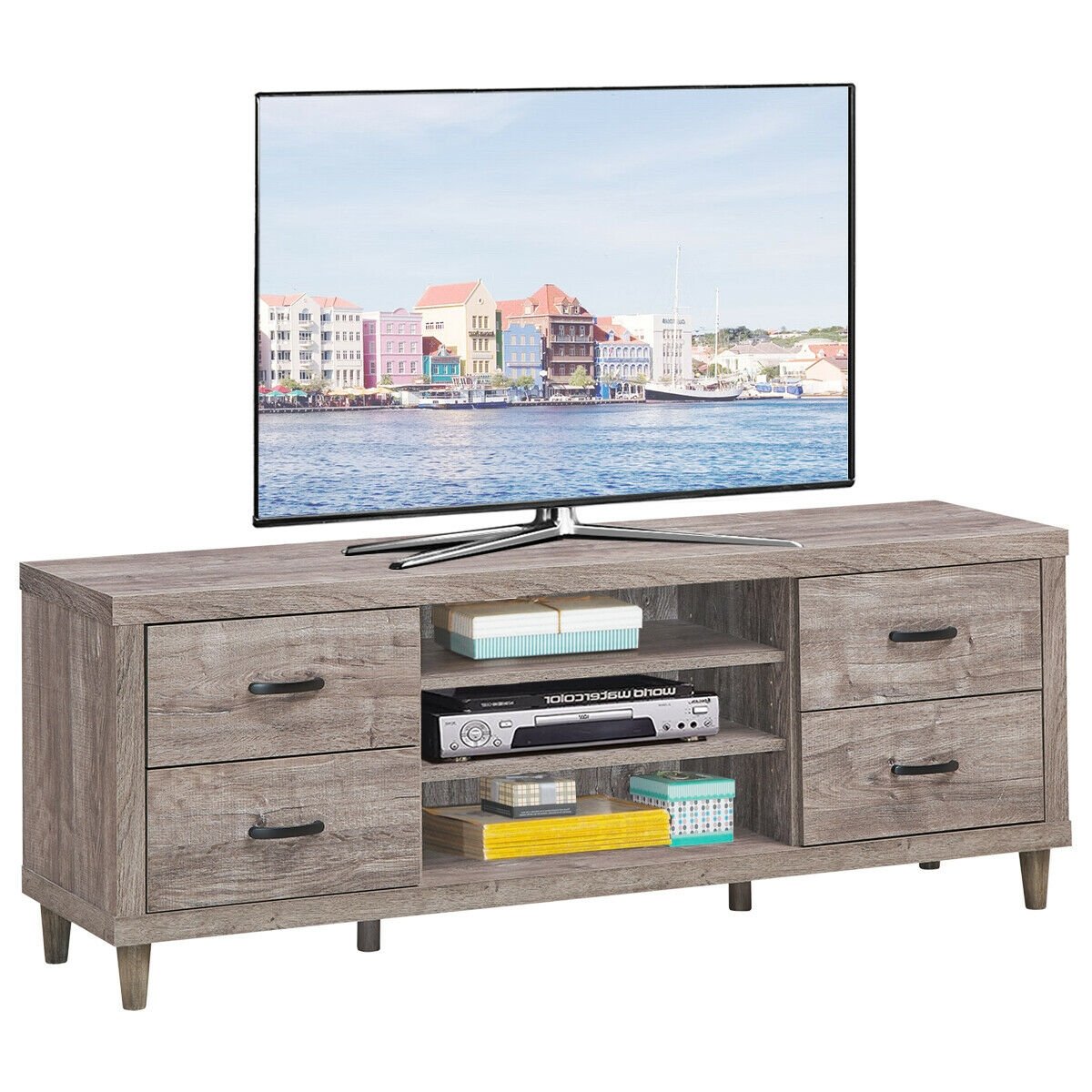 Retro Wooden TV Stand with 3 Open Shelves and 4 Drawers, Gray - Gallery Canada