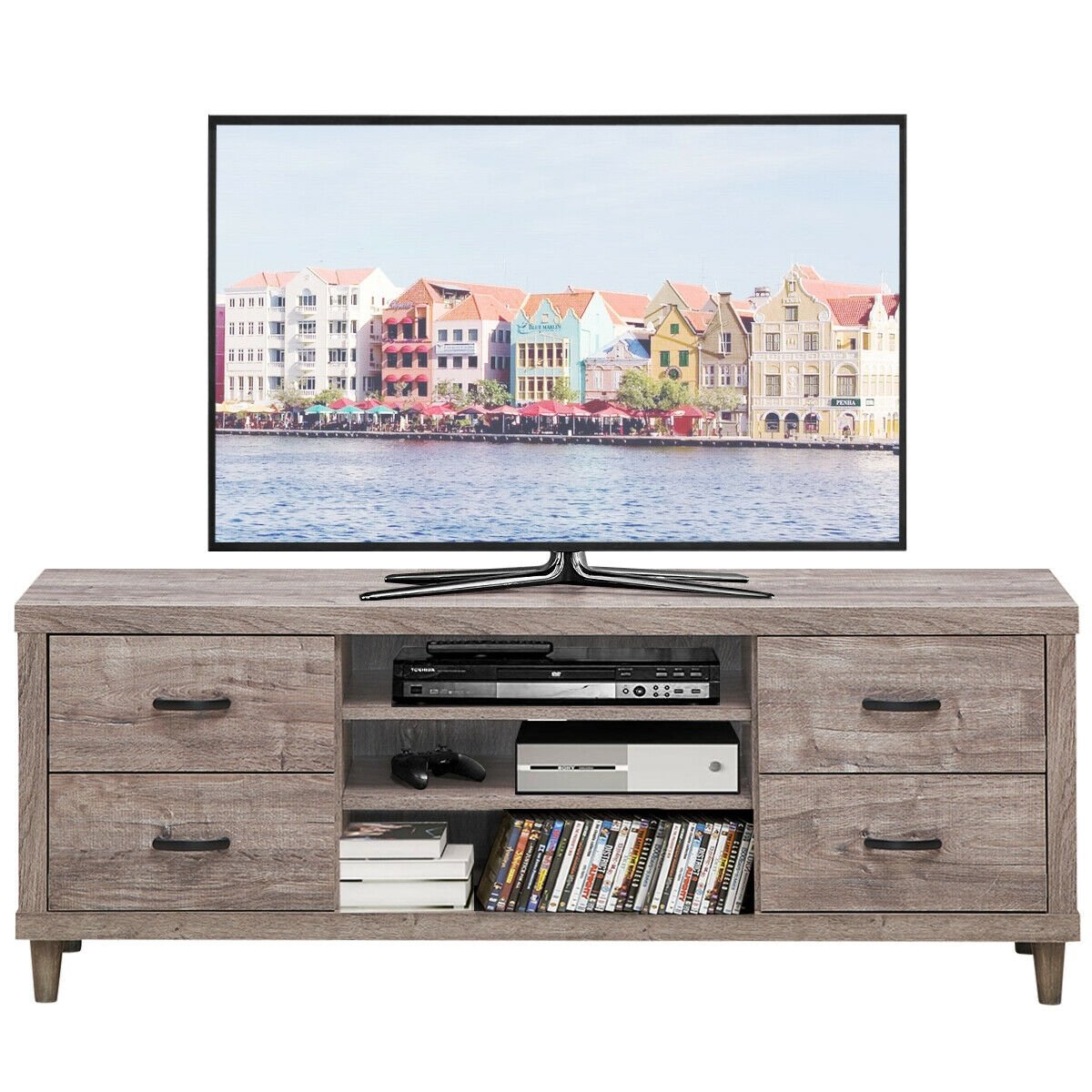 Retro Wooden TV Stand with 3 Open Shelves and 4 Drawers, Gray - Gallery Canada