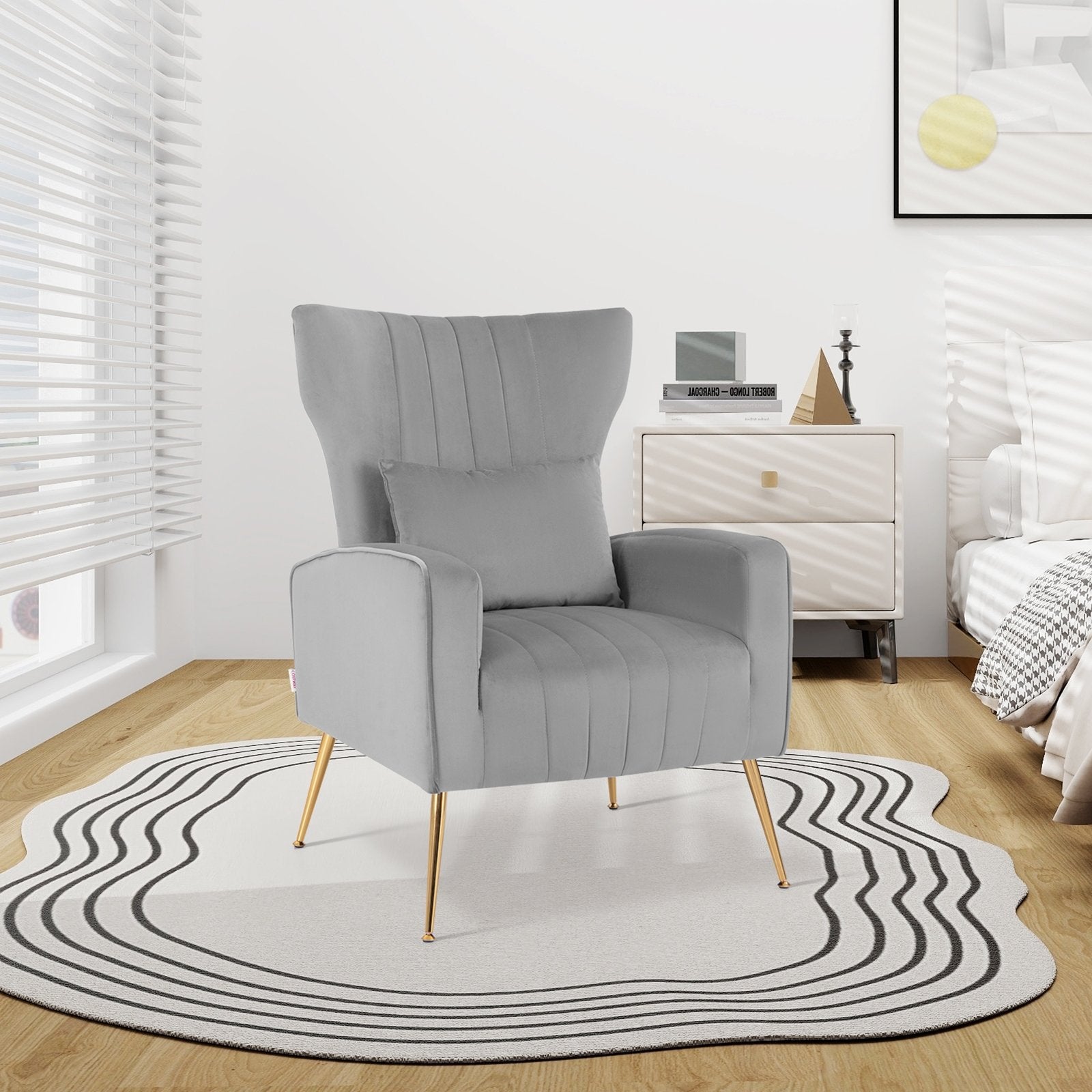 Velvet Upholstered Wingback Chair with Lumbar Pillow and Golden Metal Legs, Gray Accent Chairs   at Gallery Canada