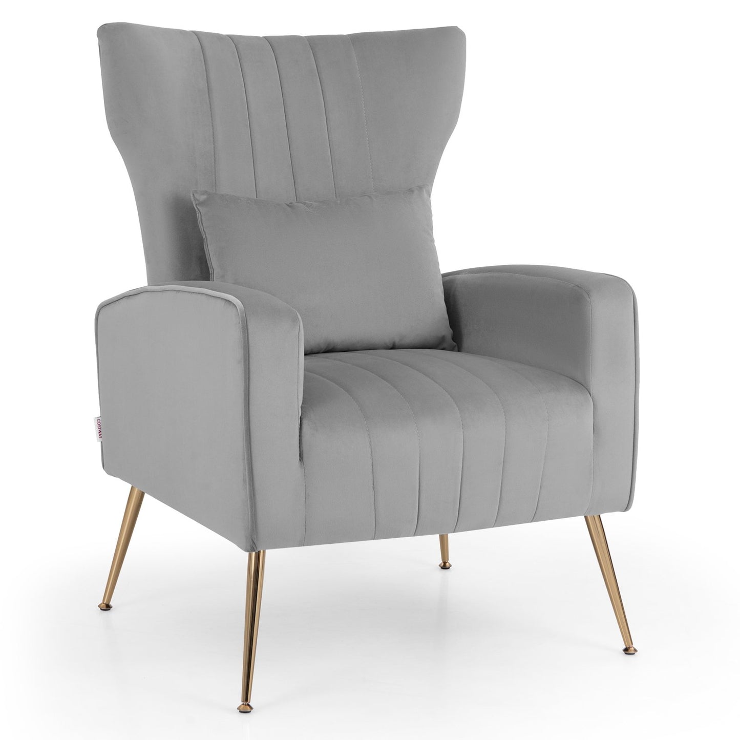 Velvet Upholstered Wingback Chair with Lumbar Pillow and Golden Metal Legs, Gray Accent Chairs   at Gallery Canada