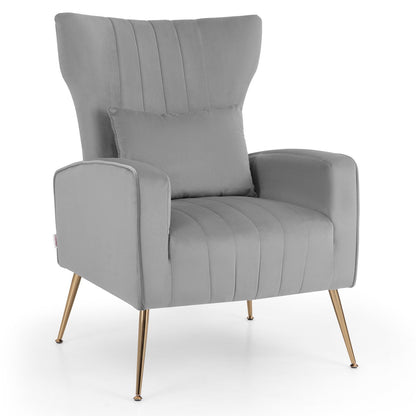 Velvet Upholstered Wingback Chair with Lumbar Pillow and Golden Metal Legs, Gray Accent Chairs   at Gallery Canada