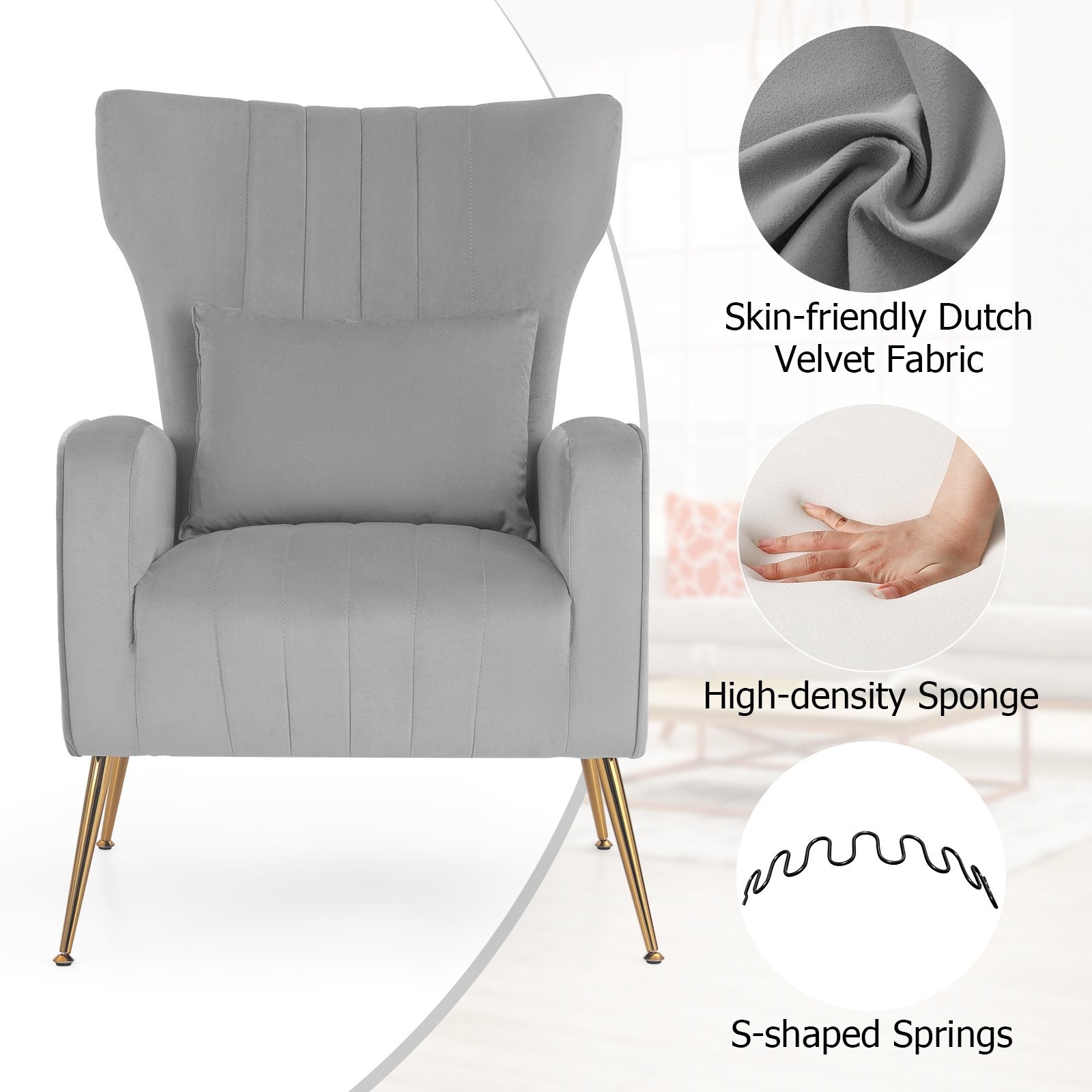 Velvet Upholstered Wingback Chair with Lumbar Pillow and Golden Metal Legs, Gray Accent Chairs   at Gallery Canada