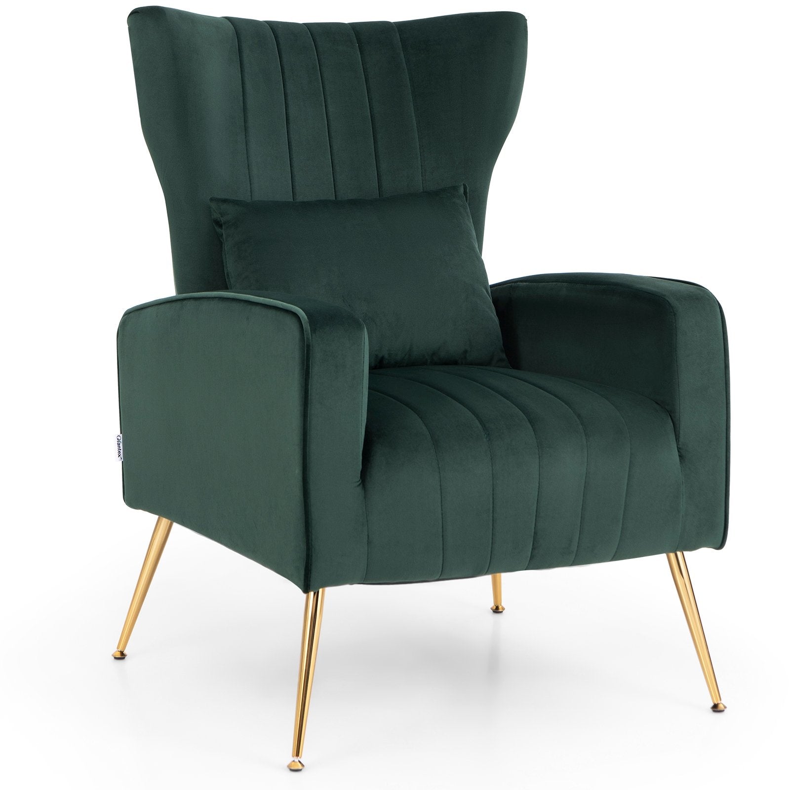 Velvet Upholstered Wingback Chair with Lumbar Pillow and Golden Metal Legs, Turquoise Accent Chairs   at Gallery Canada