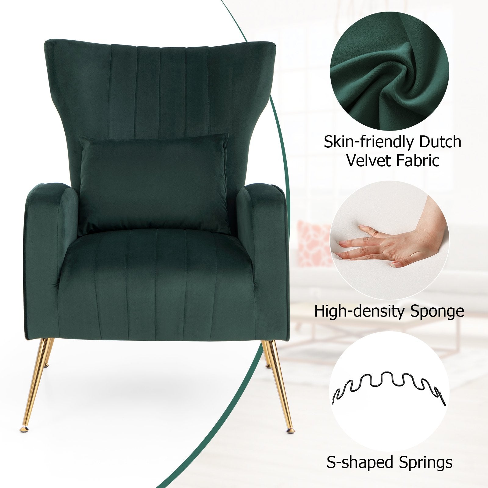 Velvet Upholstered Wingback Chair with Lumbar Pillow and Golden Metal Legs, Turquoise Accent Chairs   at Gallery Canada