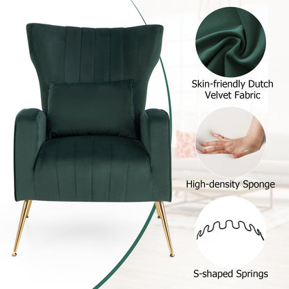 Velvet Upholstered Wingback Chair with Lumbar Pillow and Golden Metal Legs, Turquoise Accent Chairs   at Gallery Canada