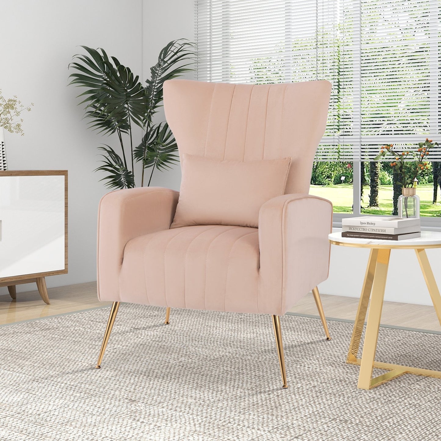 Velvet Upholstered Wingback Chair with Lumbar Pillow and Golden Metal Legs, Pink Accent Chairs   at Gallery Canada