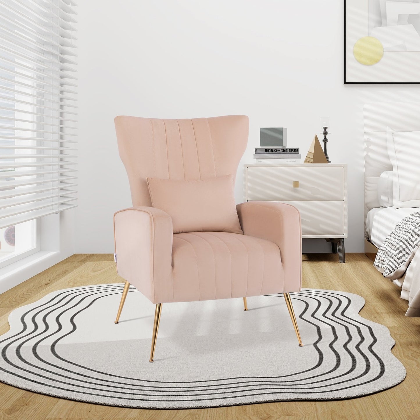 Velvet Upholstered Wingback Chair with Lumbar Pillow and Golden Metal Legs, Pink Accent Chairs   at Gallery Canada