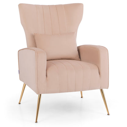 Velvet Upholstered Wingback Chair with Lumbar Pillow and Golden Metal Legs, Pink Accent Chairs   at Gallery Canada