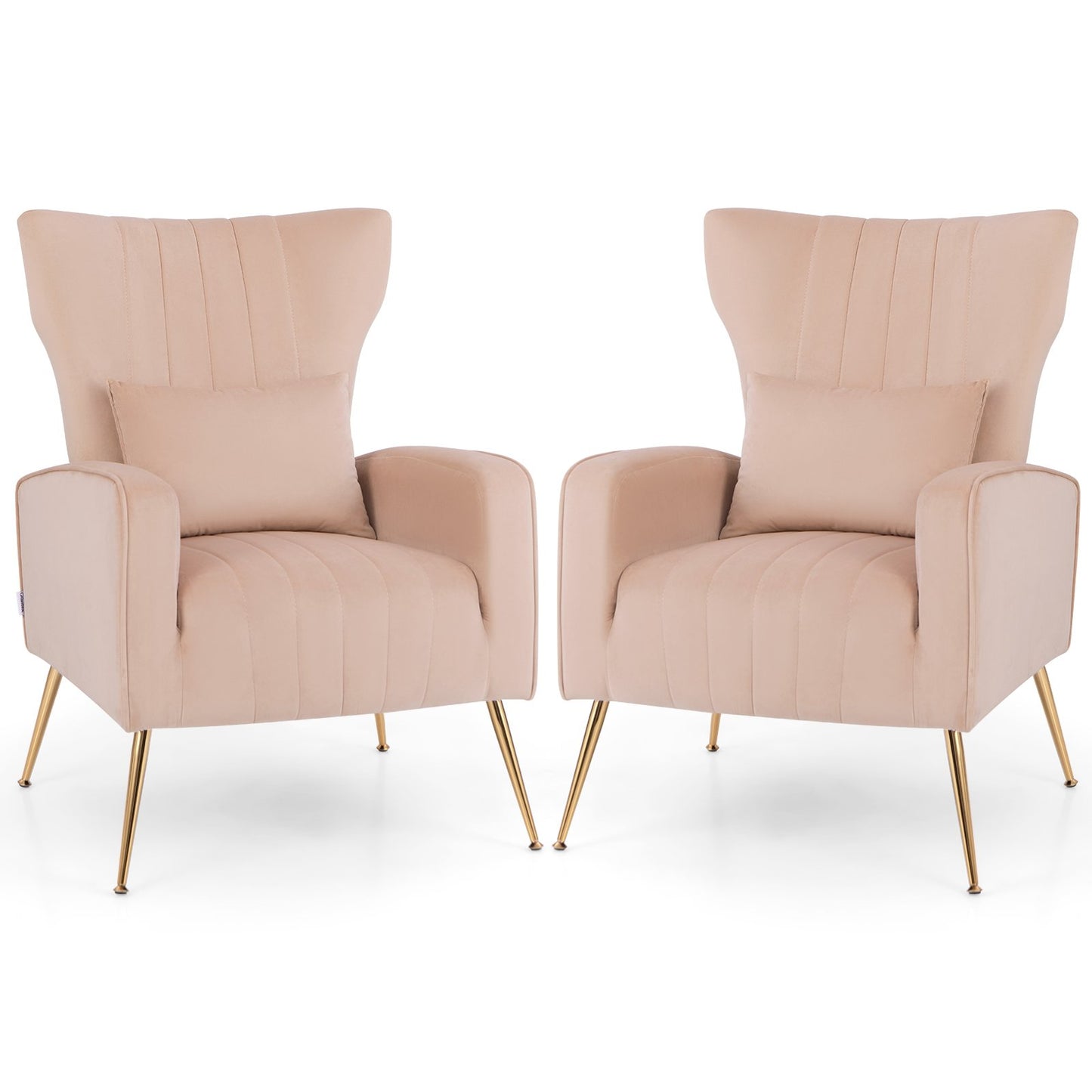 Velvet Upholstered Wingback Chair with Lumbar Pillow and Golden Metal Legs, Pink Accent Chairs   at Gallery Canada