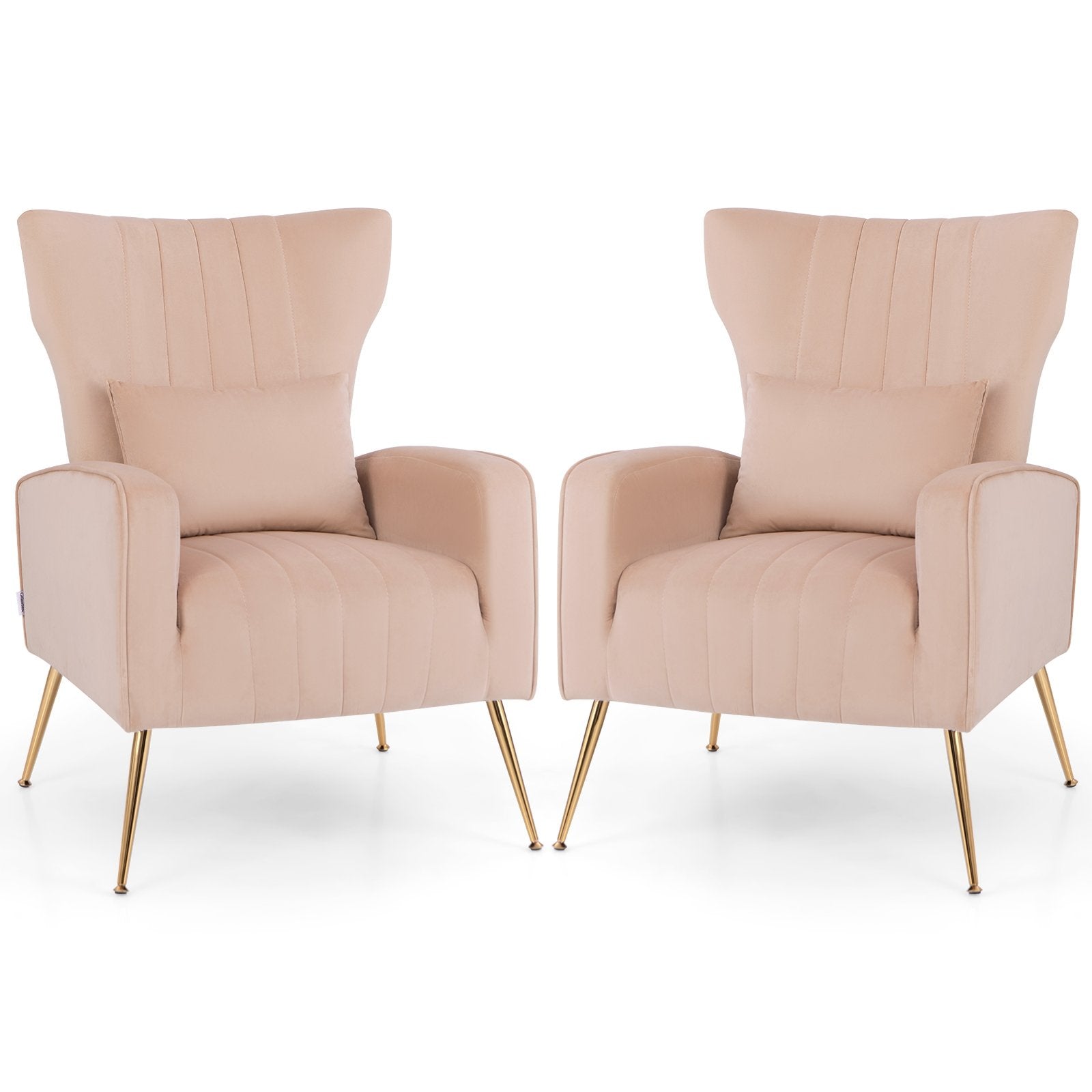 Velvet Upholstered Wingback Chair with Lumbar Pillow and Golden Metal Legs, Pink Accent Chairs   at Gallery Canada