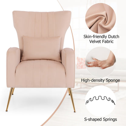 Velvet Upholstered Wingback Chair with Lumbar Pillow and Golden Metal Legs, Pink Accent Chairs   at Gallery Canada