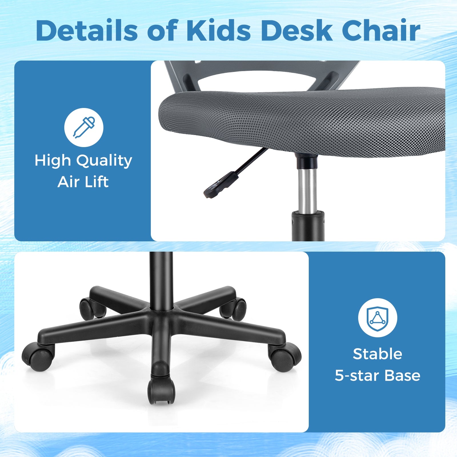 Height-adjustable Ergonomic Kids Desk Chair with Universal Casters, Gray Kids Chairs & Seating   at Gallery Canada