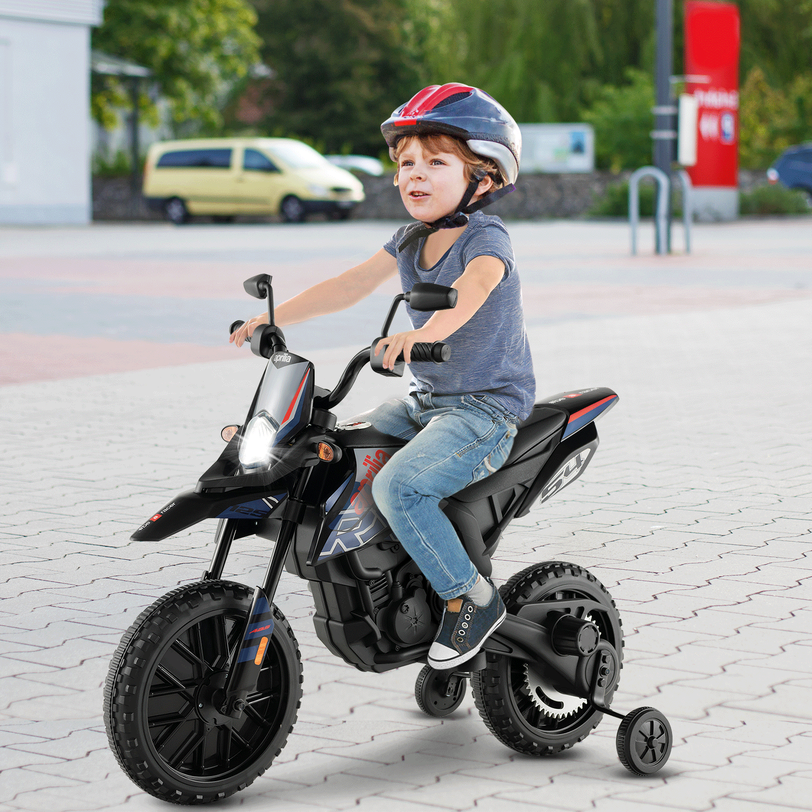 Aprilia Licensed Kids Ride On Motorcycle with 2 Training Wheels, Navy Powered Ride On Toys   at Gallery Canada