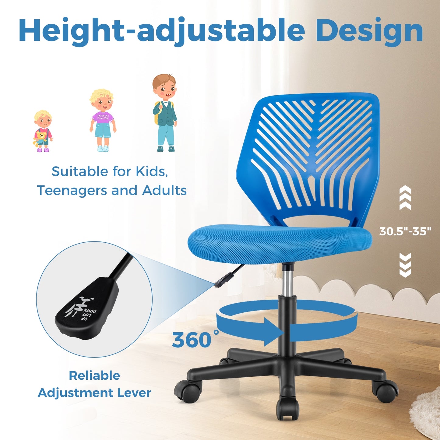 Height-adjustable Ergonomic Kids Desk Chair with Universal Casters, Blue Kids Chairs & Seating   at Gallery Canada