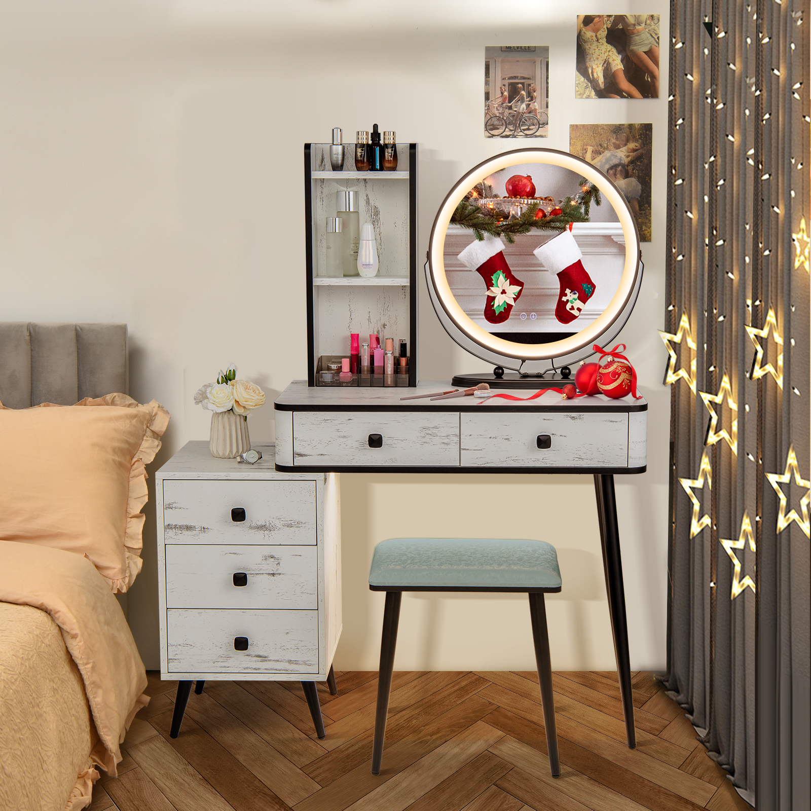 Vanity Table Set with 3-Color Lighted Mirror and Cushioned Stool, White Makeup Vanities   at Gallery Canada