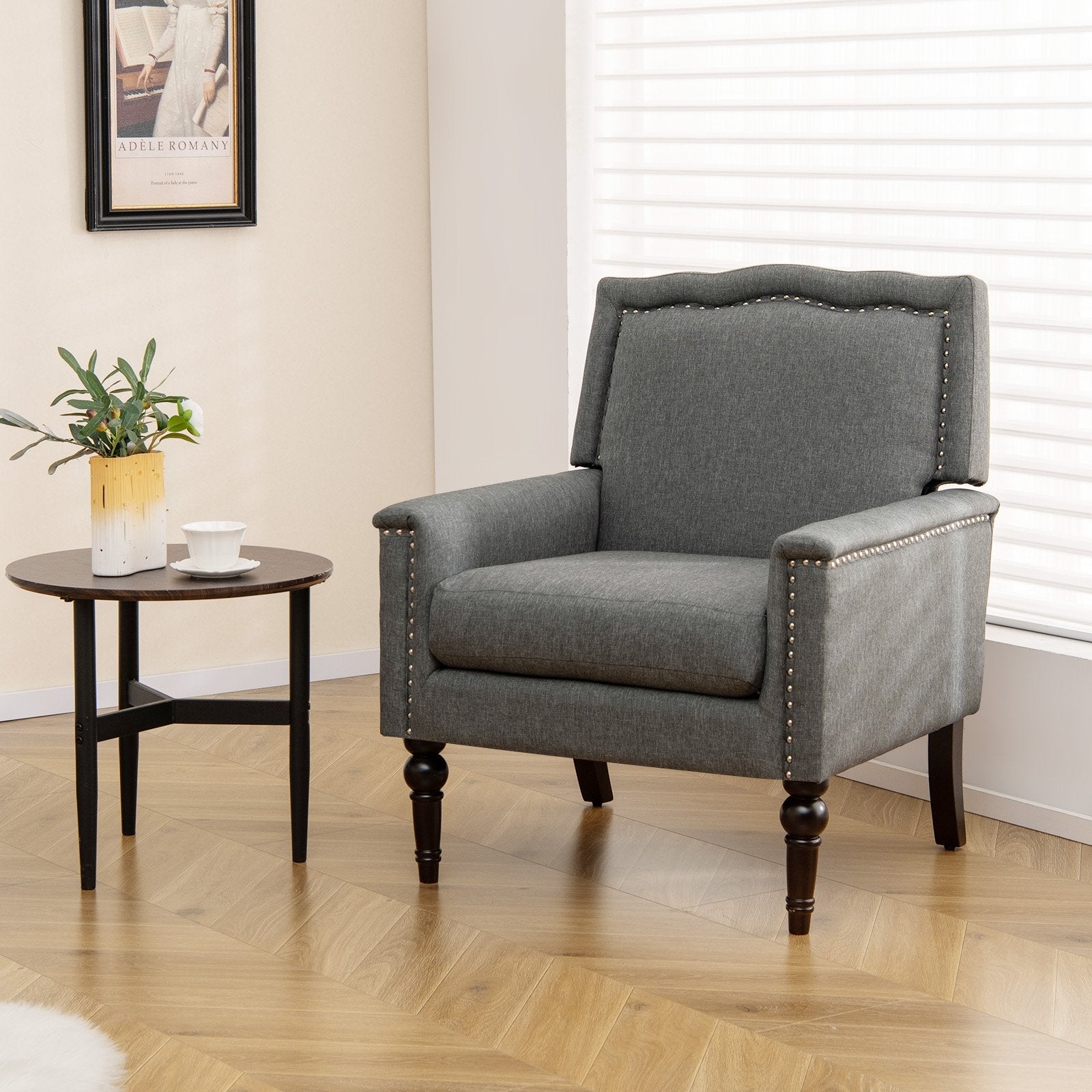 Mid-century Modern Armchair Linen Fabric Upholstered Accent Chair with Cushion, Gray Accent Chairs   at Gallery Canada