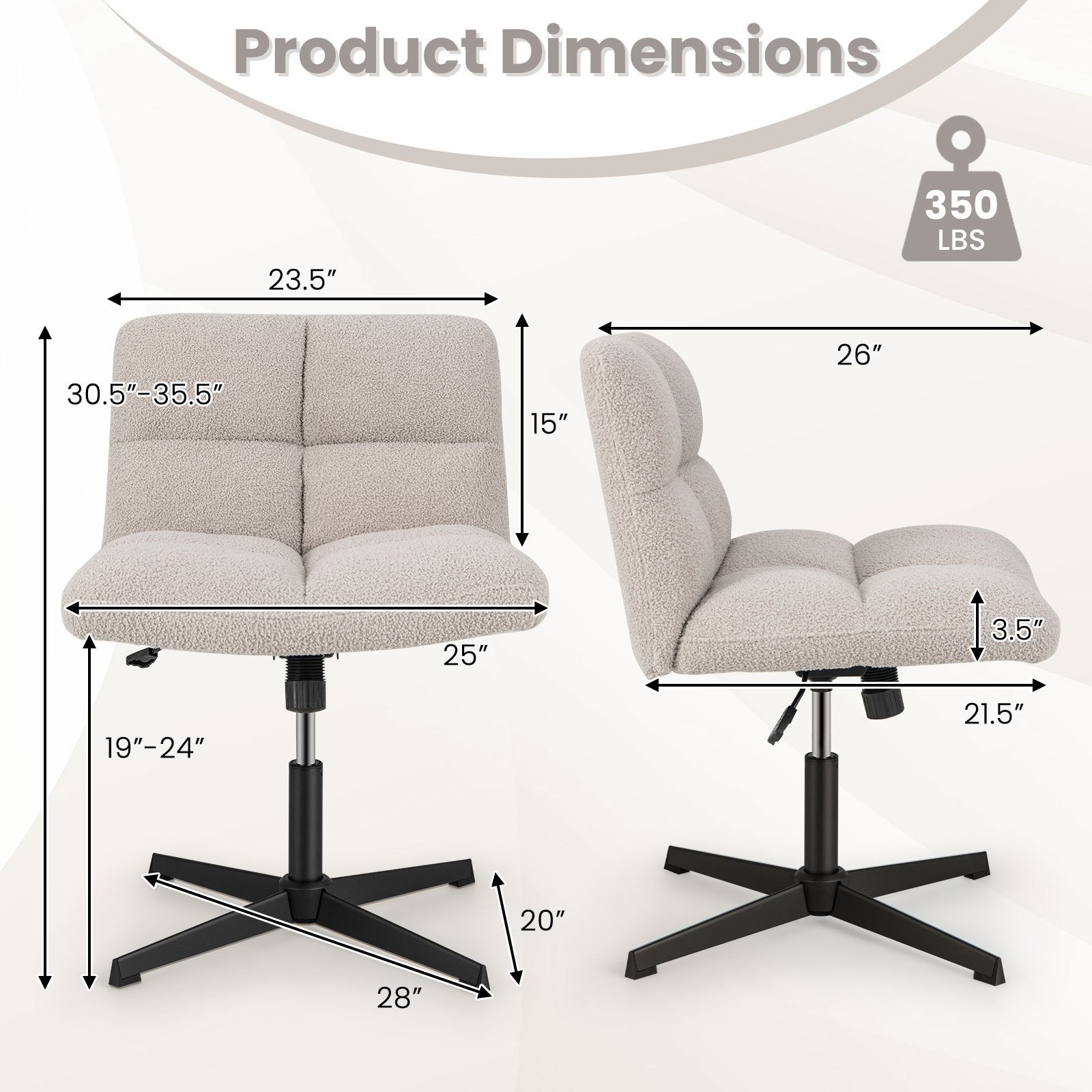 Office Armless Chair Cross Legged with Imitation Lamb Fleece and Adjustable Height, Gray Armless Chairs   at Gallery Canada