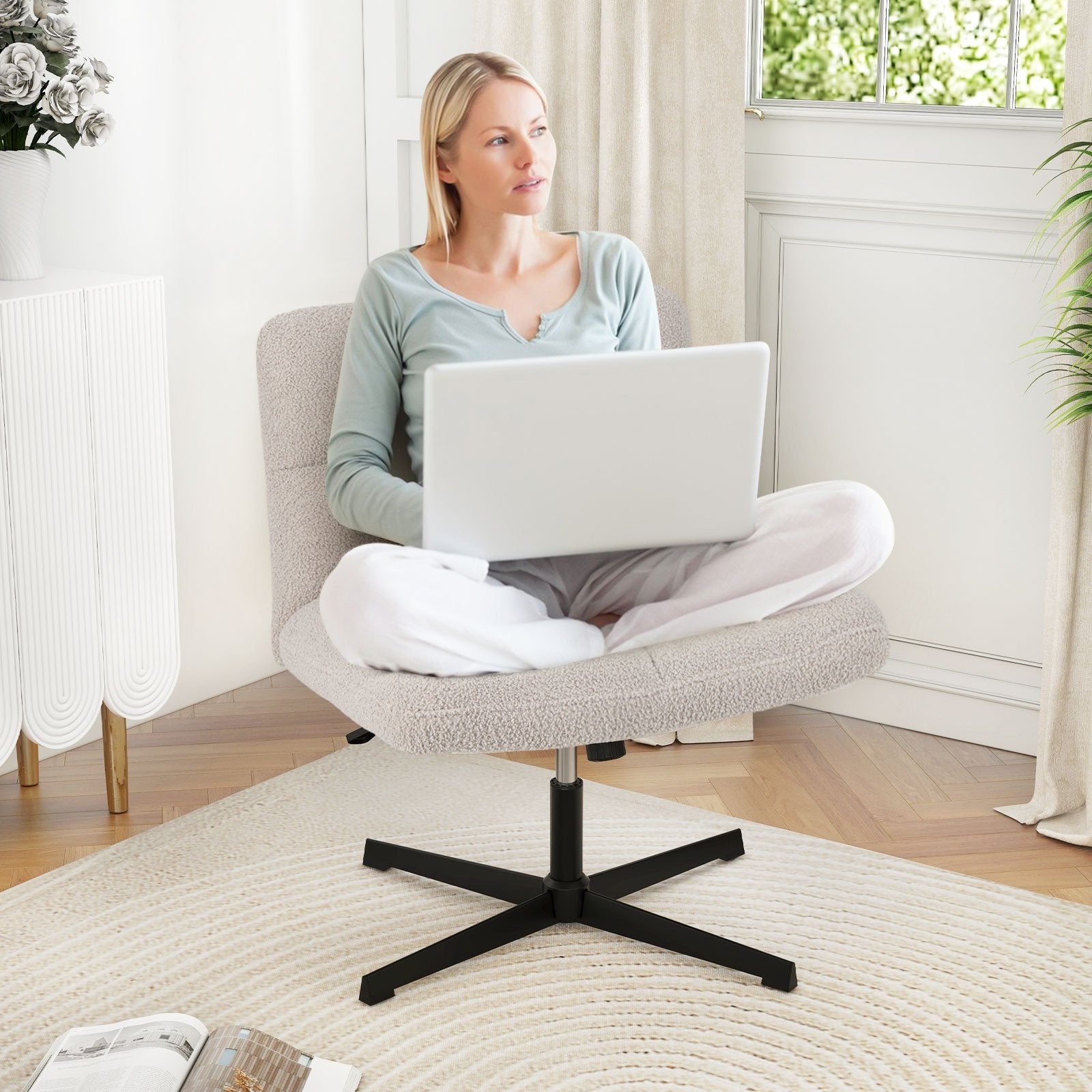 Office Armless Chair Cross Legged with Imitation Lamb Fleece and Adjustable Height, Gray Armless Chairs   at Gallery Canada