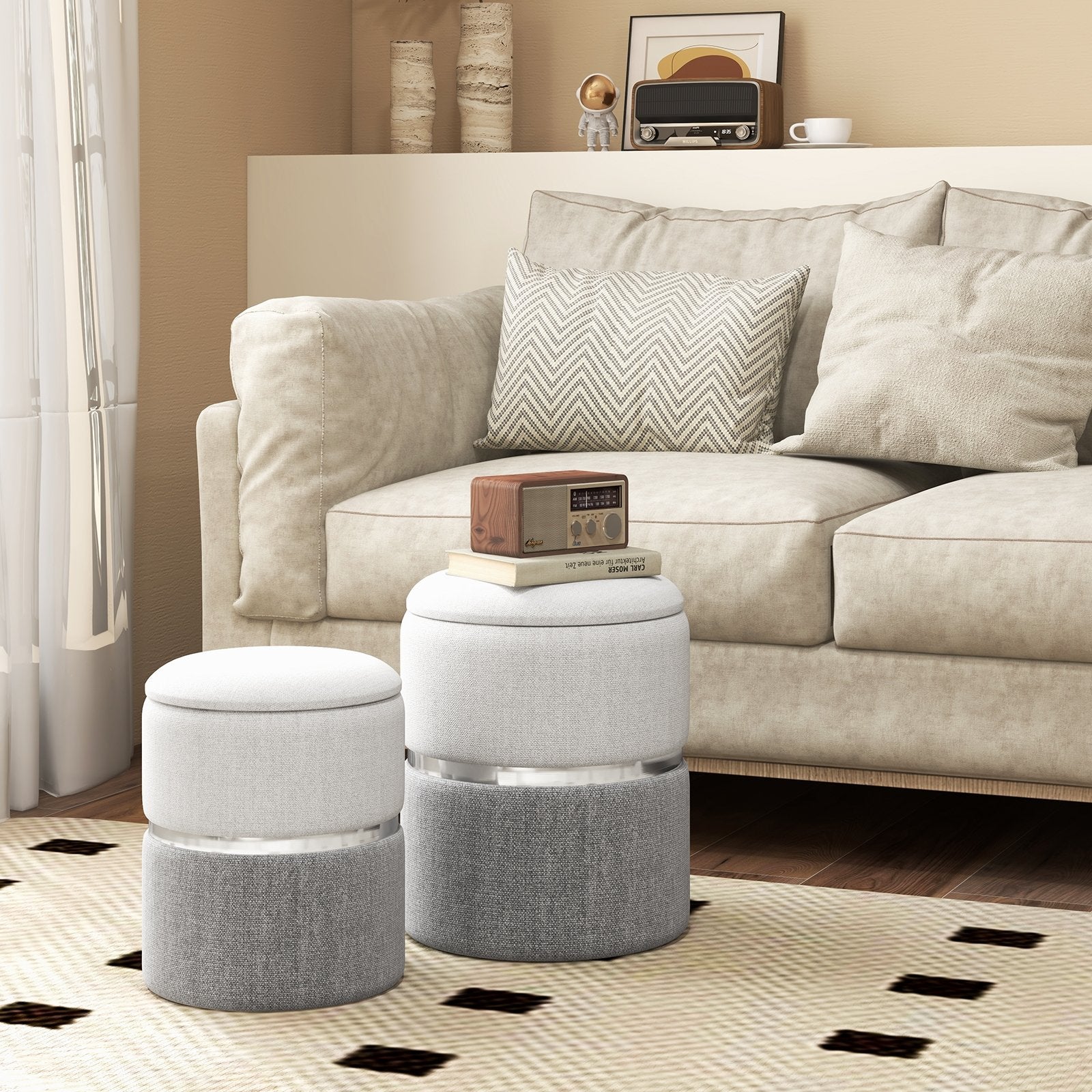 Velvet/Linen Fabric Storage Ottoman Set of 2, Gray Ottomans   at Gallery Canada