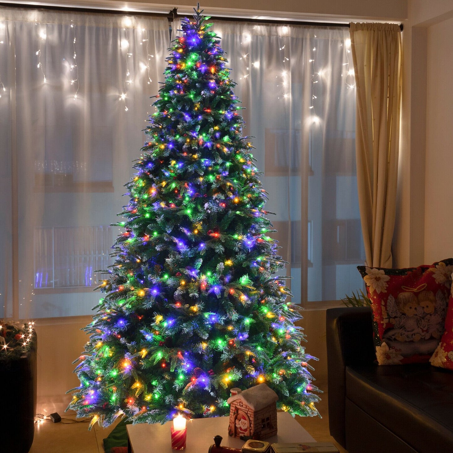 Pre-Lit Snowy Christmas Hinged Tree with Multi-Color Lights-9', Green Christmas Tree   at Gallery Canada