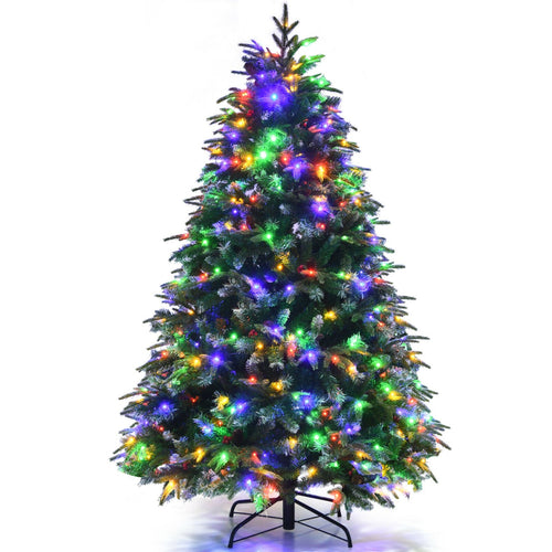 Pre-Lit Snowy Christmas Hinged Tree with Flash Modes and Multi-Color Lights-5 ft, Green