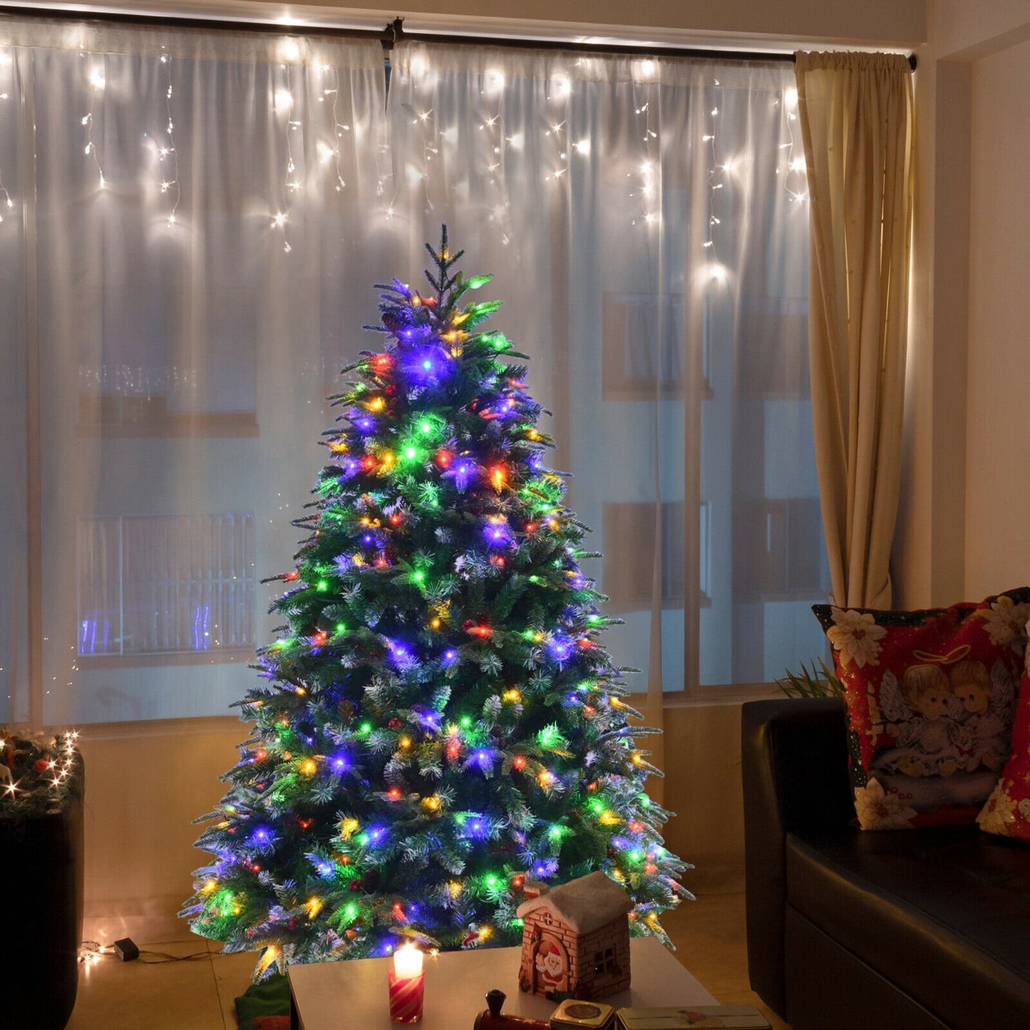 Pre-Lit Snowy Christmas Hinged Tree with Flash Modes and Multi-Color Lights-5 ft, Green Christmas Tree   at Gallery Canada