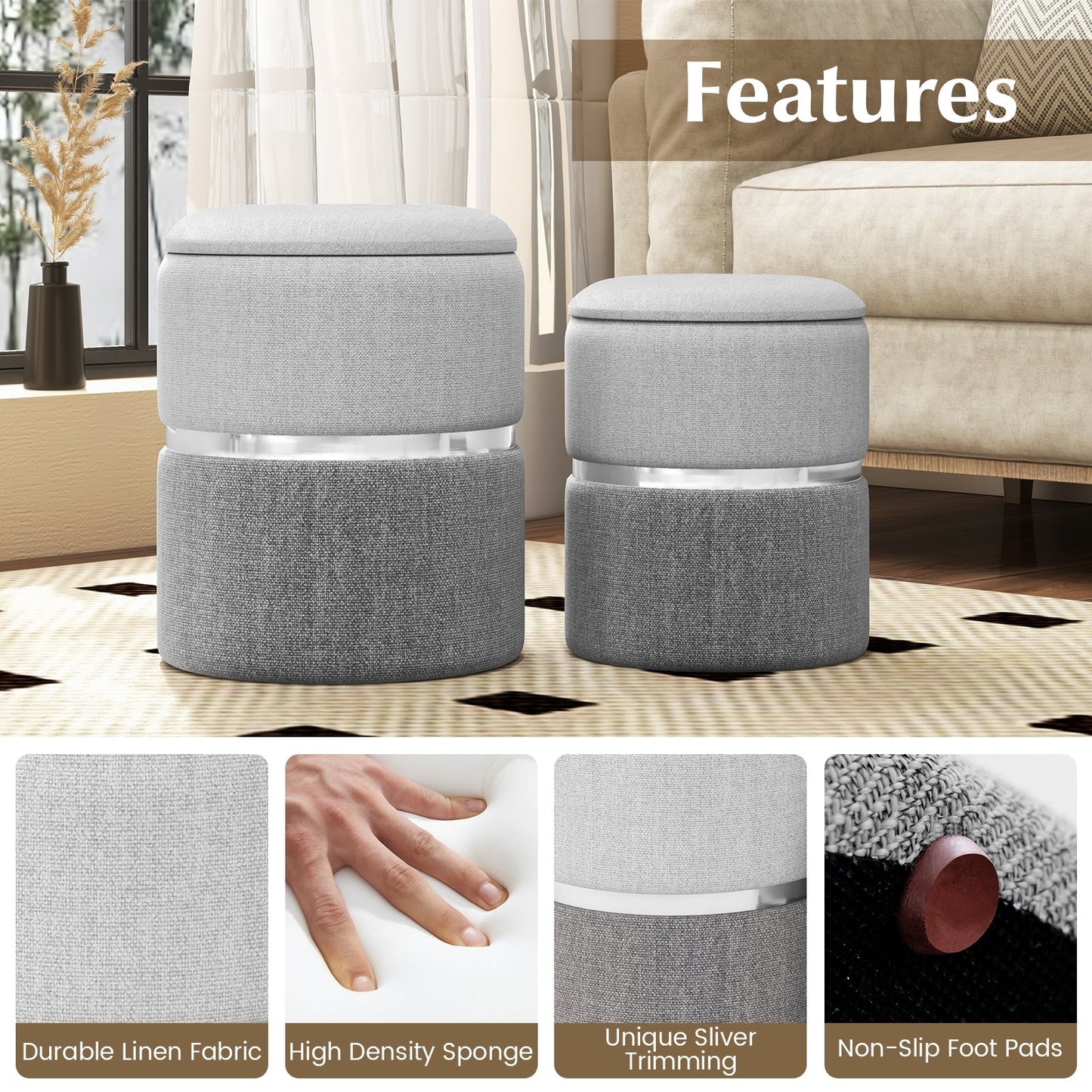 Velvet/Linen Fabric Storage Ottoman Set of 2, Gray Ottomans   at Gallery Canada