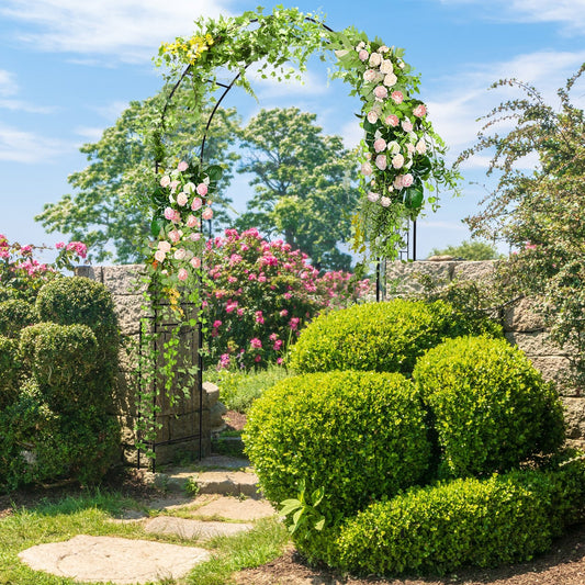 7.9 Feet Metal Garden Arch Backdrop Stand with Fence for Climbing Plants, Black - Gallery Canada