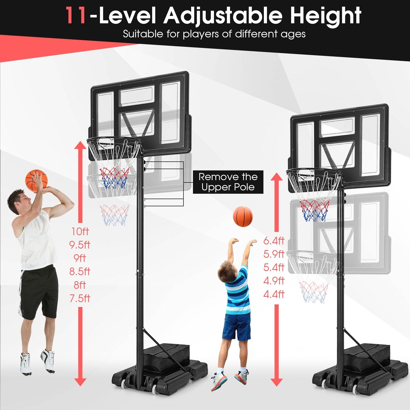 4.25-10 Feet Adjustable Basketball Hoop System with 44 Inch Backboard-B Sport Equipments   at Gallery Canada