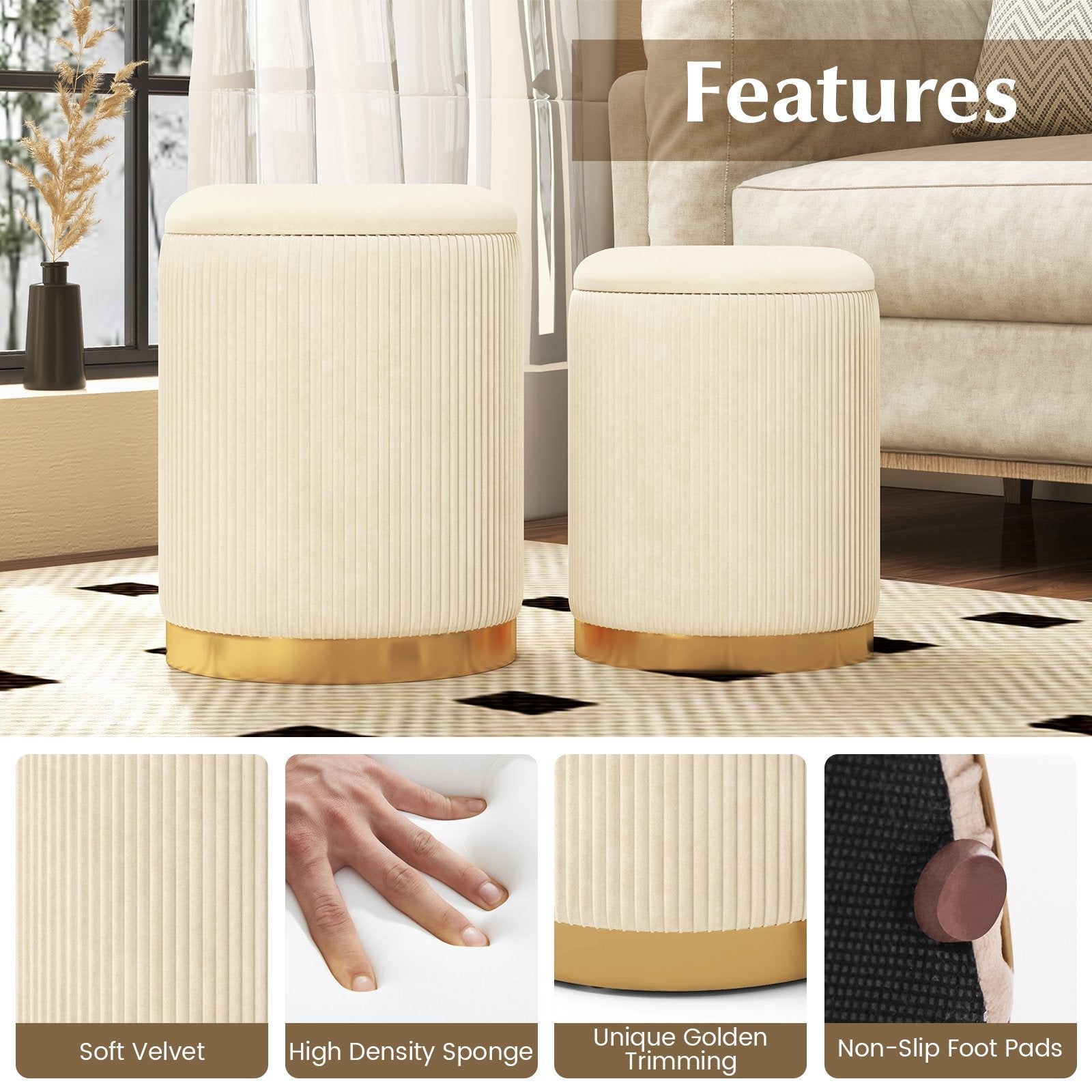 Velvet/Linen Fabric Storage Ottoman Set of 2, Golden Ottomans   at Gallery Canada