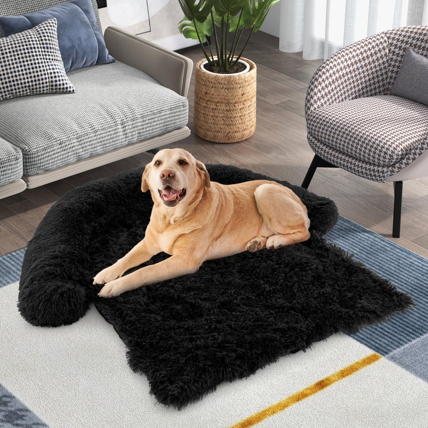 Plush Calming Dog Couch Bed with Anti-Slip Bottom-L, Black Dog Supplies   at Gallery Canada