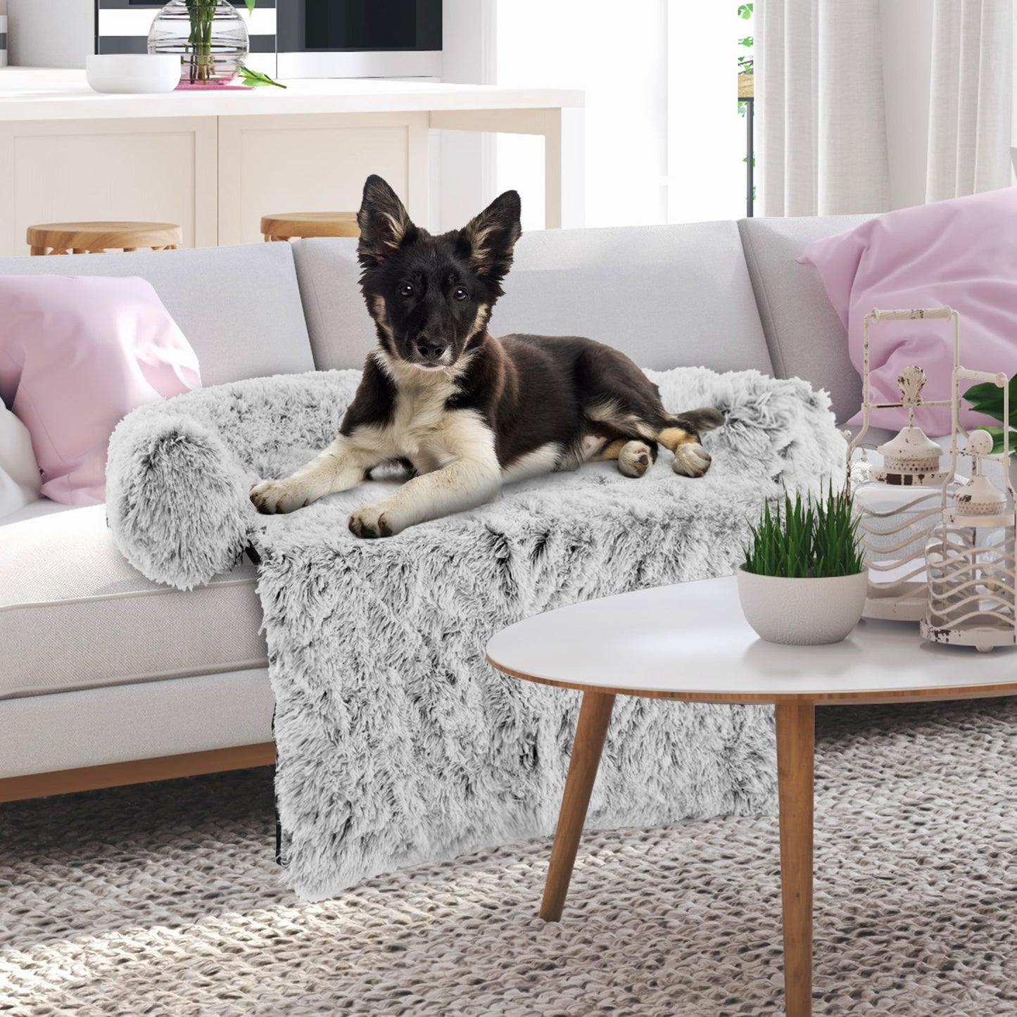 White Plush Calming Dog Couch Bed with Anti-Slip Bottom-M, White Cat Supplies   at Gallery Canada