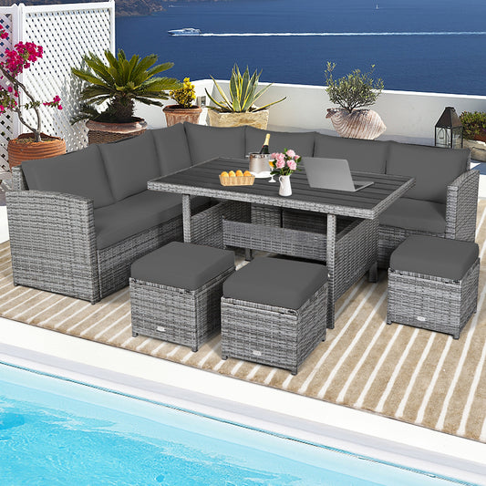 7 Pieces Patio Rattan Dining Furniture Sectional Sofa Set with Wicker Ottoman, Gray - Gallery Canada