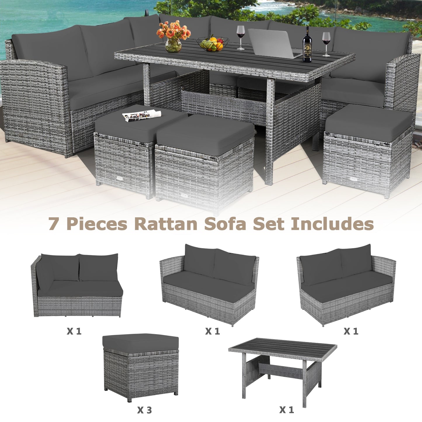 7 Pieces Patio Rattan Dining Furniture Sectional Sofa Set with Wicker Ottoman, Gray Outdoor Sectionals   at Gallery Canada