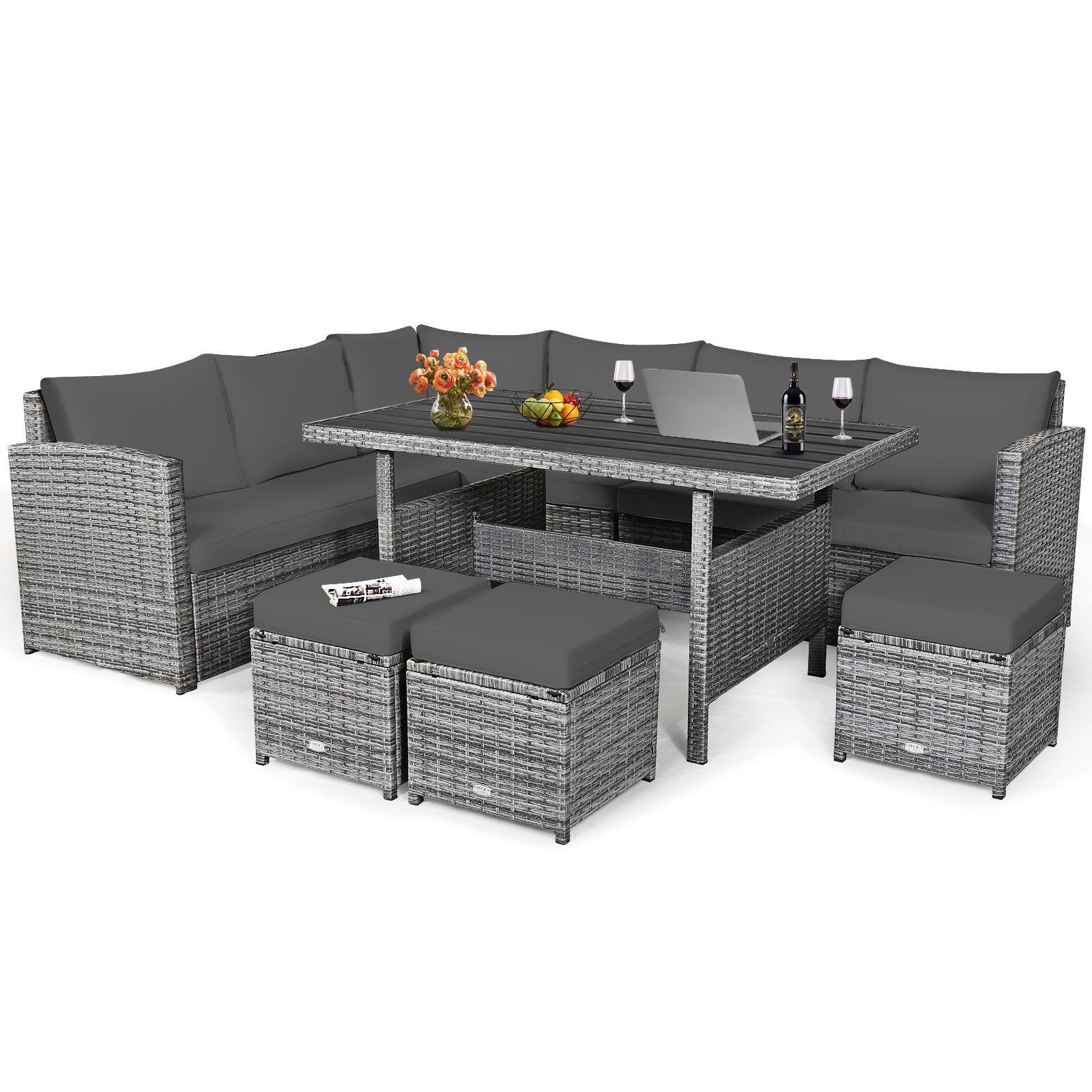 7 Pieces Patio Rattan Dining Furniture Sectional Sofa Set with Wicker Ottoman, Gray Outdoor Sectionals Gray  at Gallery Canada