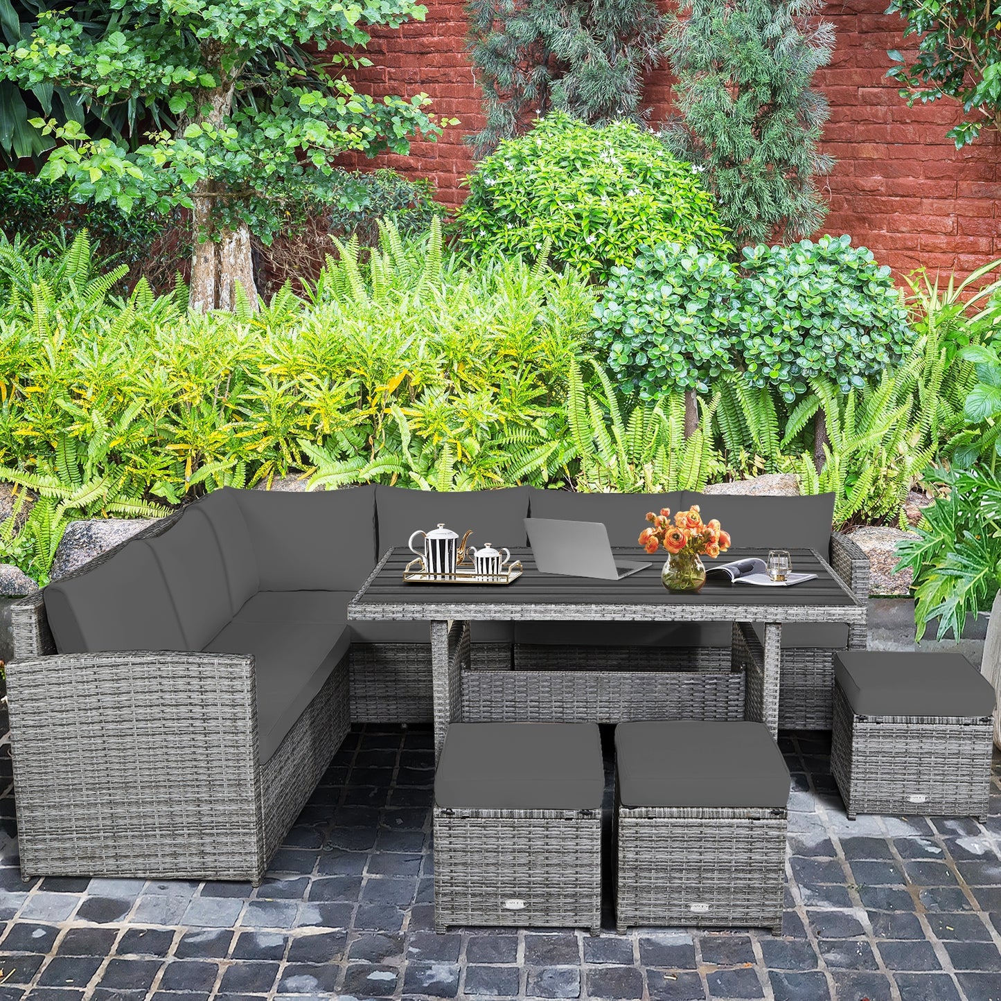 7 Pieces Patio Rattan Dining Furniture Sectional Sofa Set with Wicker Ottoman, Gray Outdoor Sectionals   at Gallery Canada