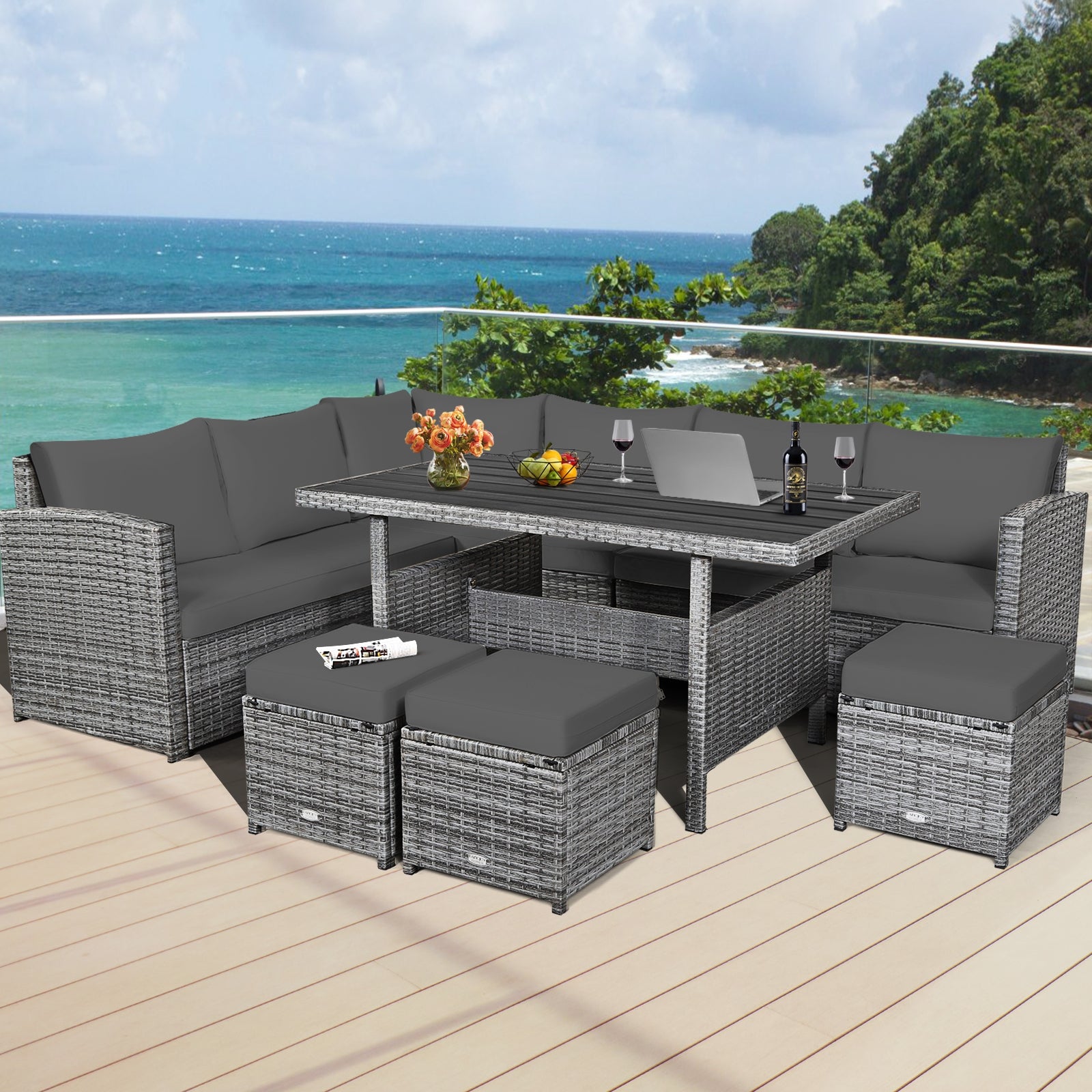 7 Pieces Patio Rattan Dining Furniture Sectional Sofa Set with Wicker Ottoman, Gray Outdoor Sectionals   at Gallery Canada