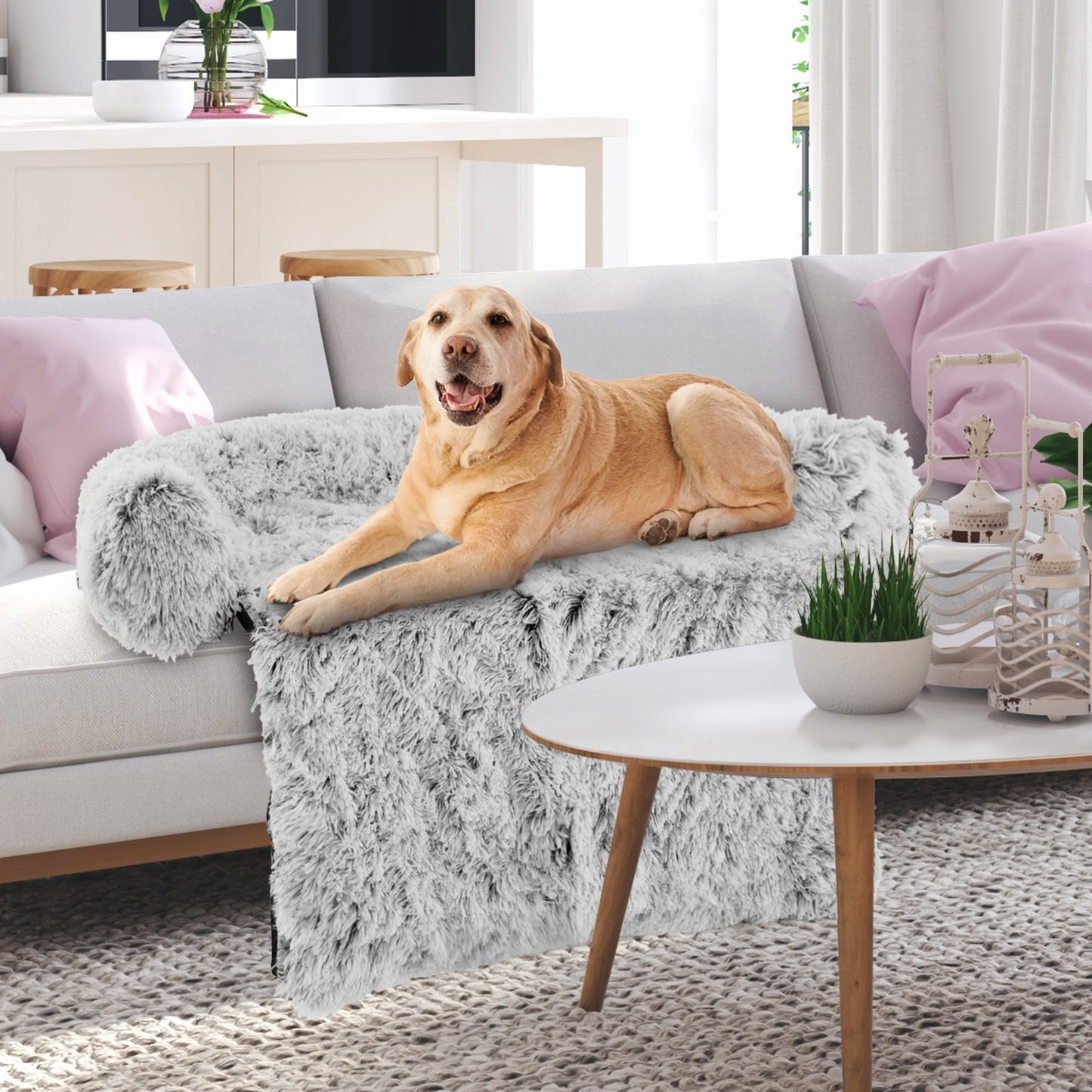 Gray Plush Calming Dog Couch Bed with Anti-Slip Bottom-L, Gray Cat Supplies   at Gallery Canada