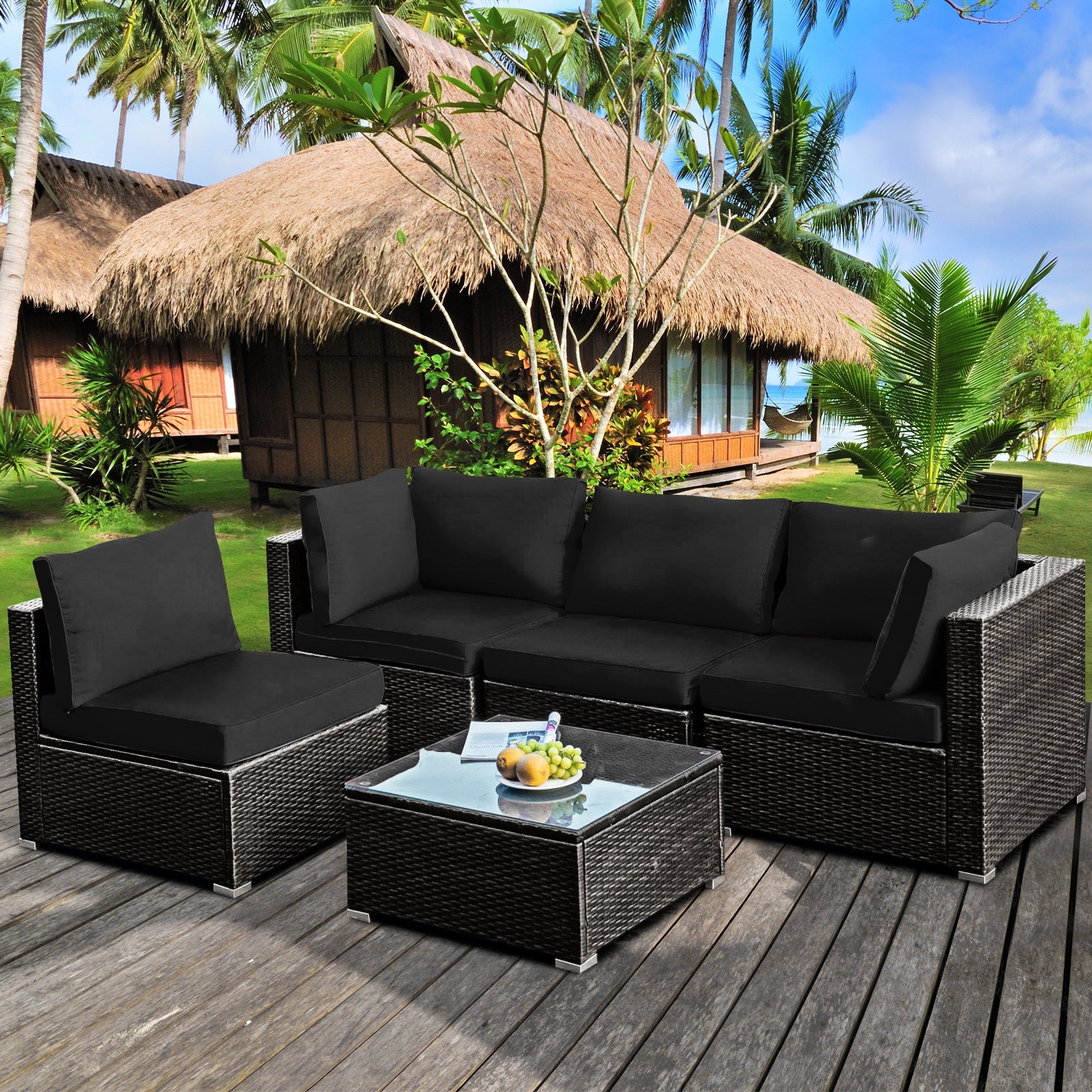 5 Pieces Cushioned Patio Rattan Furniture Set with Glass Table, Black Outdoor Sectionals   at Gallery Canada