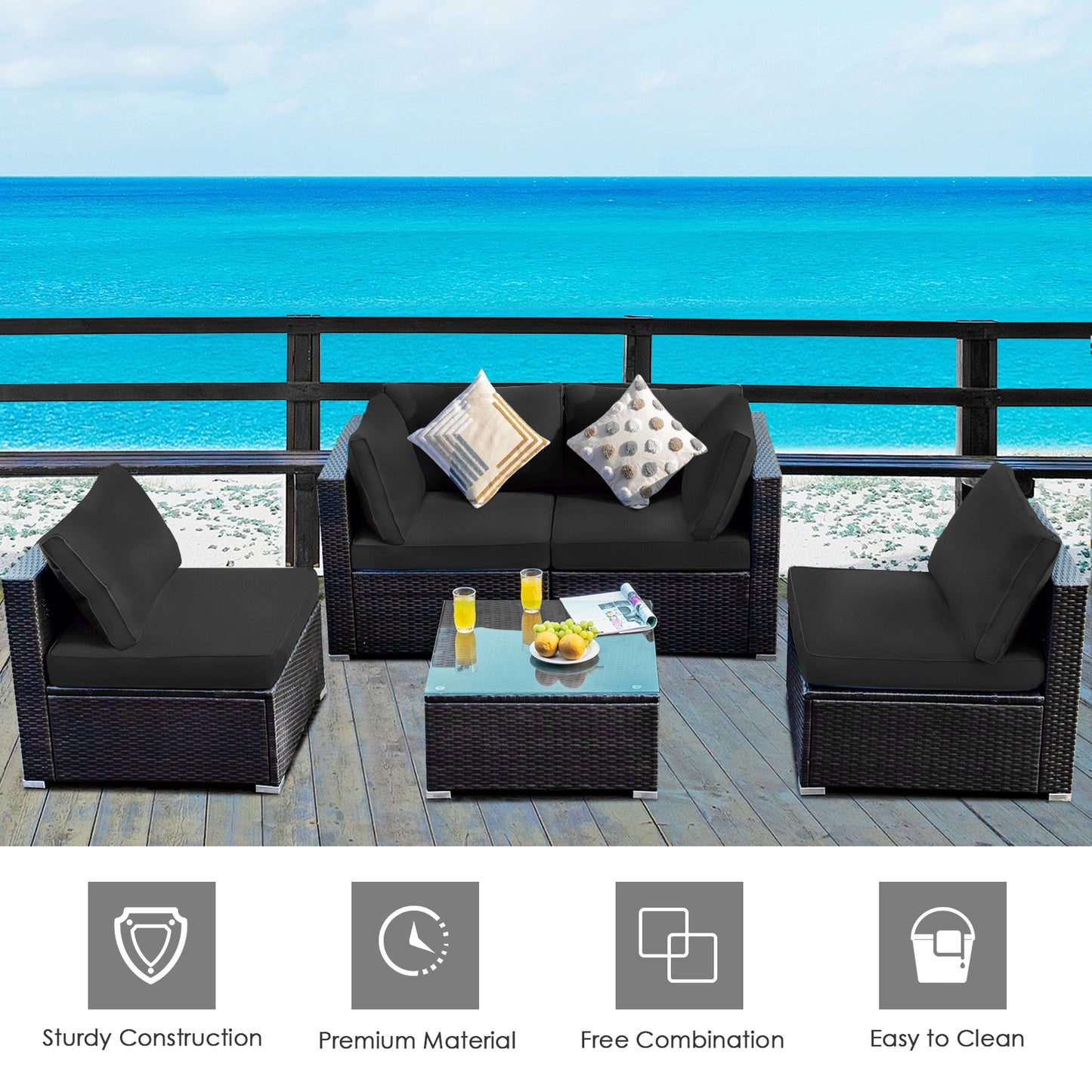 5 Pieces Cushioned Patio Rattan Furniture Set with Glass Table, Black Outdoor Sectionals   at Gallery Canada