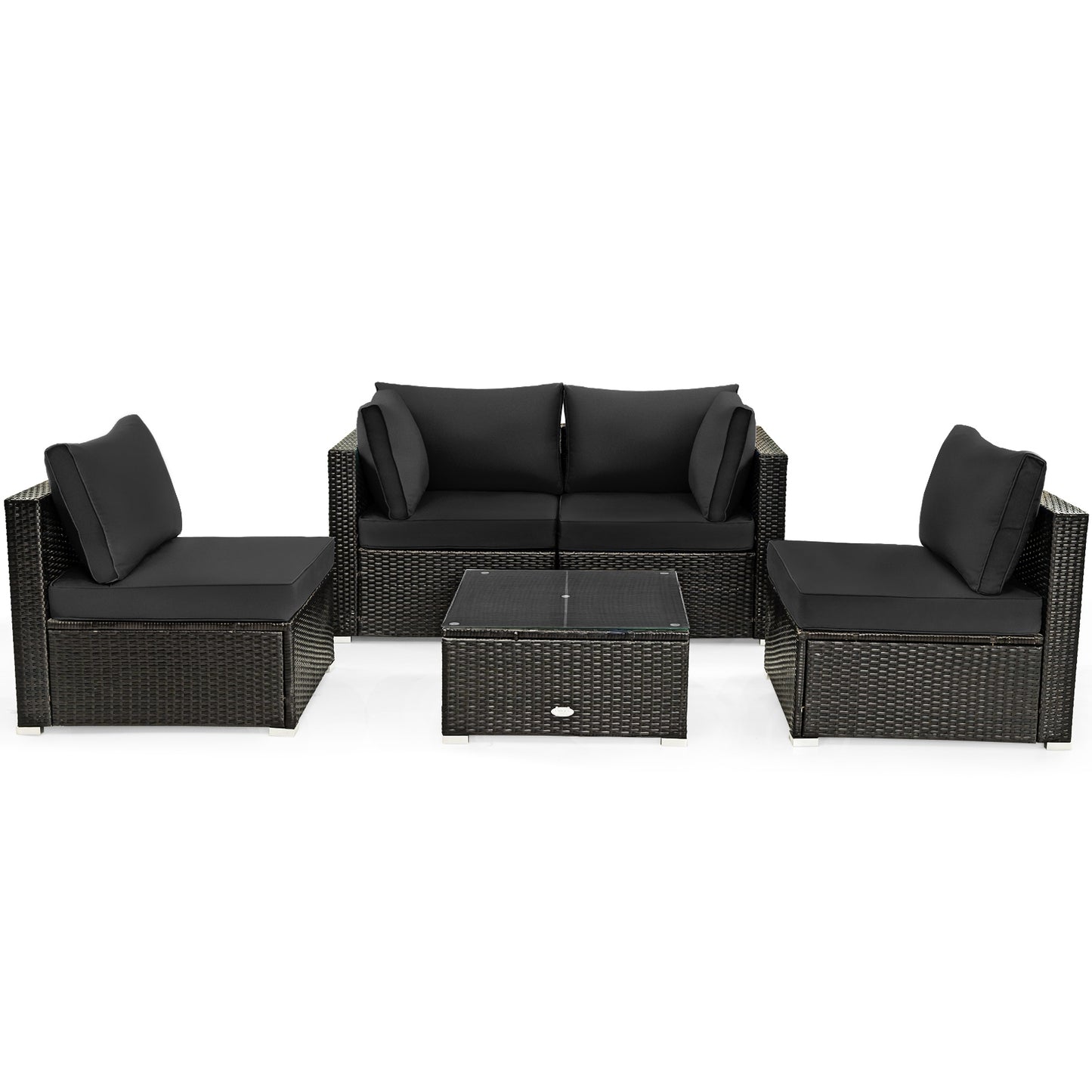 5 Pieces Cushioned Patio Rattan Furniture Set with Glass Table, Black Outdoor Sectionals Black  at Gallery Canada