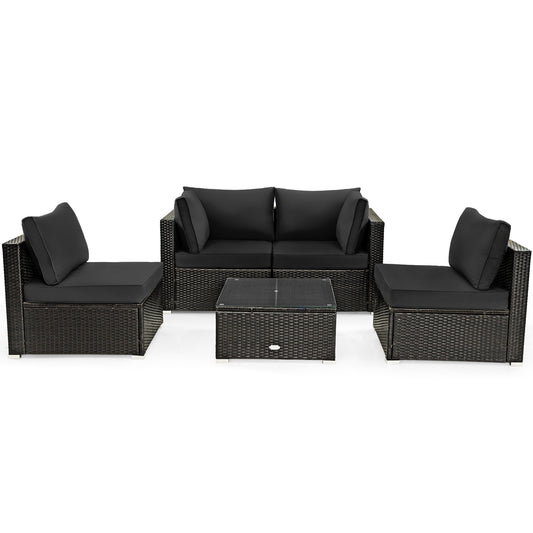 5 Pieces Cushioned Patio Rattan Furniture Set with Glass Table, Black - Gallery Canada