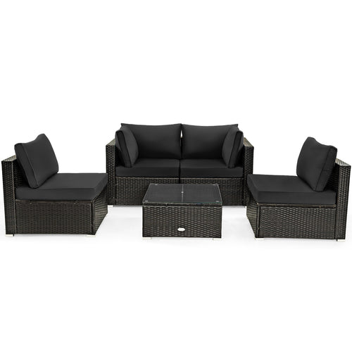 5 Pieces Cushioned Patio Rattan Furniture Set with Glass Table, Black