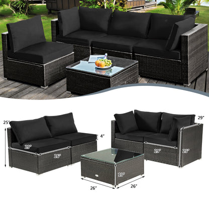 5 Pieces Cushioned Patio Rattan Furniture Set with Glass Table, Black Outdoor Sectionals   at Gallery Canada