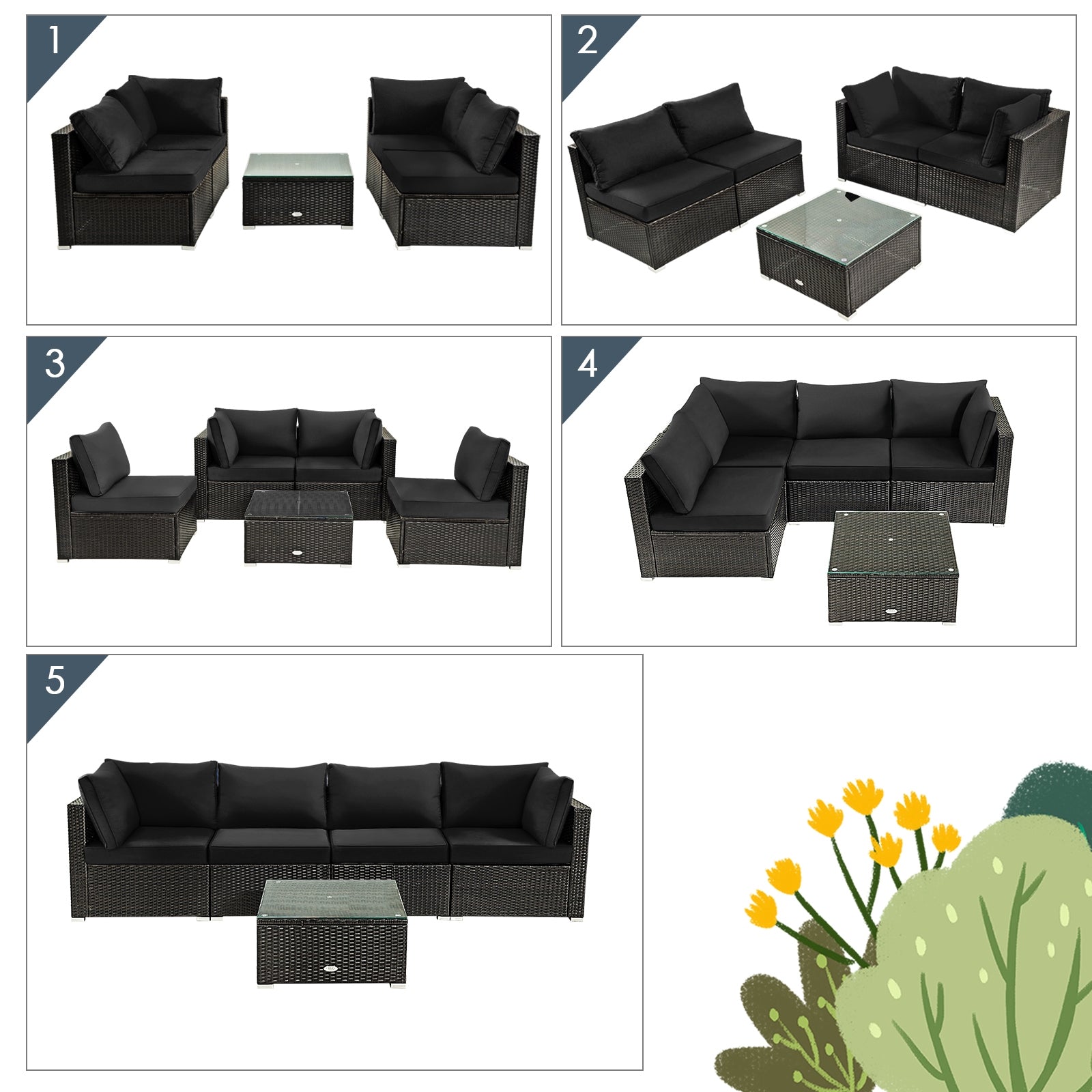 5 Pieces Cushioned Patio Rattan Furniture Set with Glass Table, Black Outdoor Sectionals   at Gallery Canada