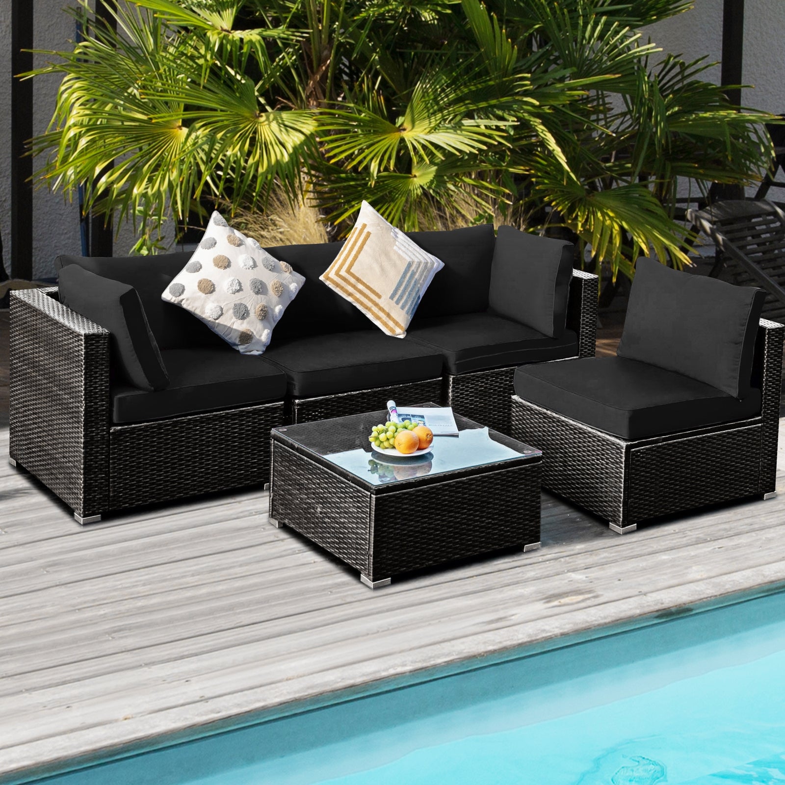 5 Pieces Cushioned Patio Rattan Furniture Set with Glass Table, Black Outdoor Sectionals   at Gallery Canada