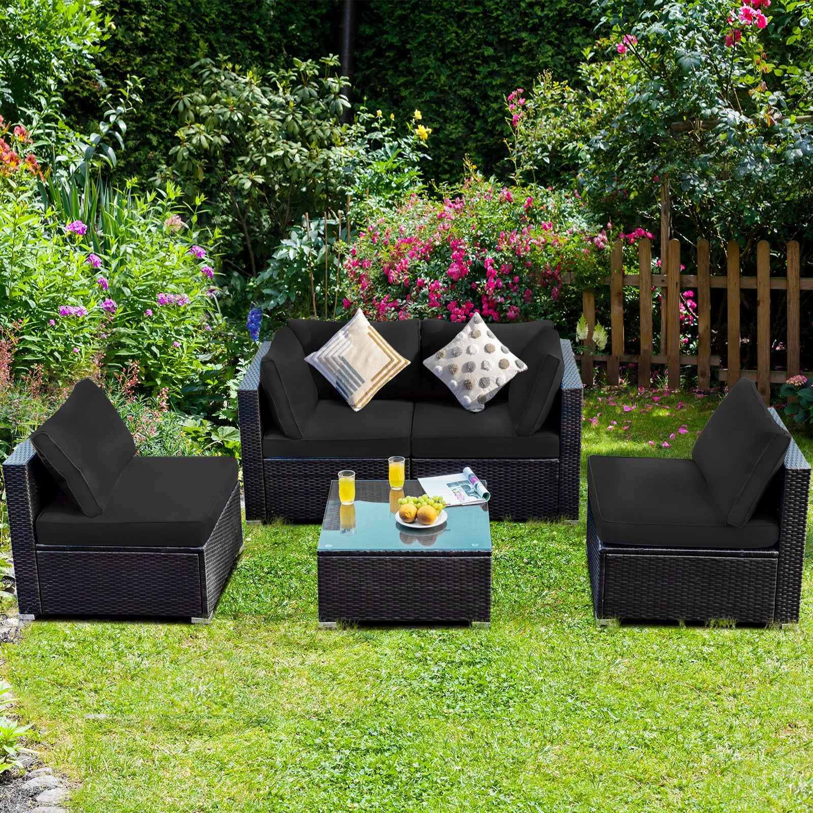 5 Pieces Cushioned Patio Rattan Furniture Set with Glass Table, Black Outdoor Sectionals   at Gallery Canada