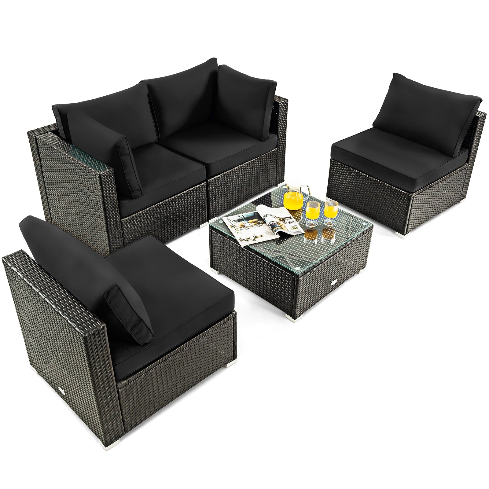 5 Pieces Cushioned Patio Rattan Furniture Set with Glass Table, Black Outdoor Sectionals   at Gallery Canada